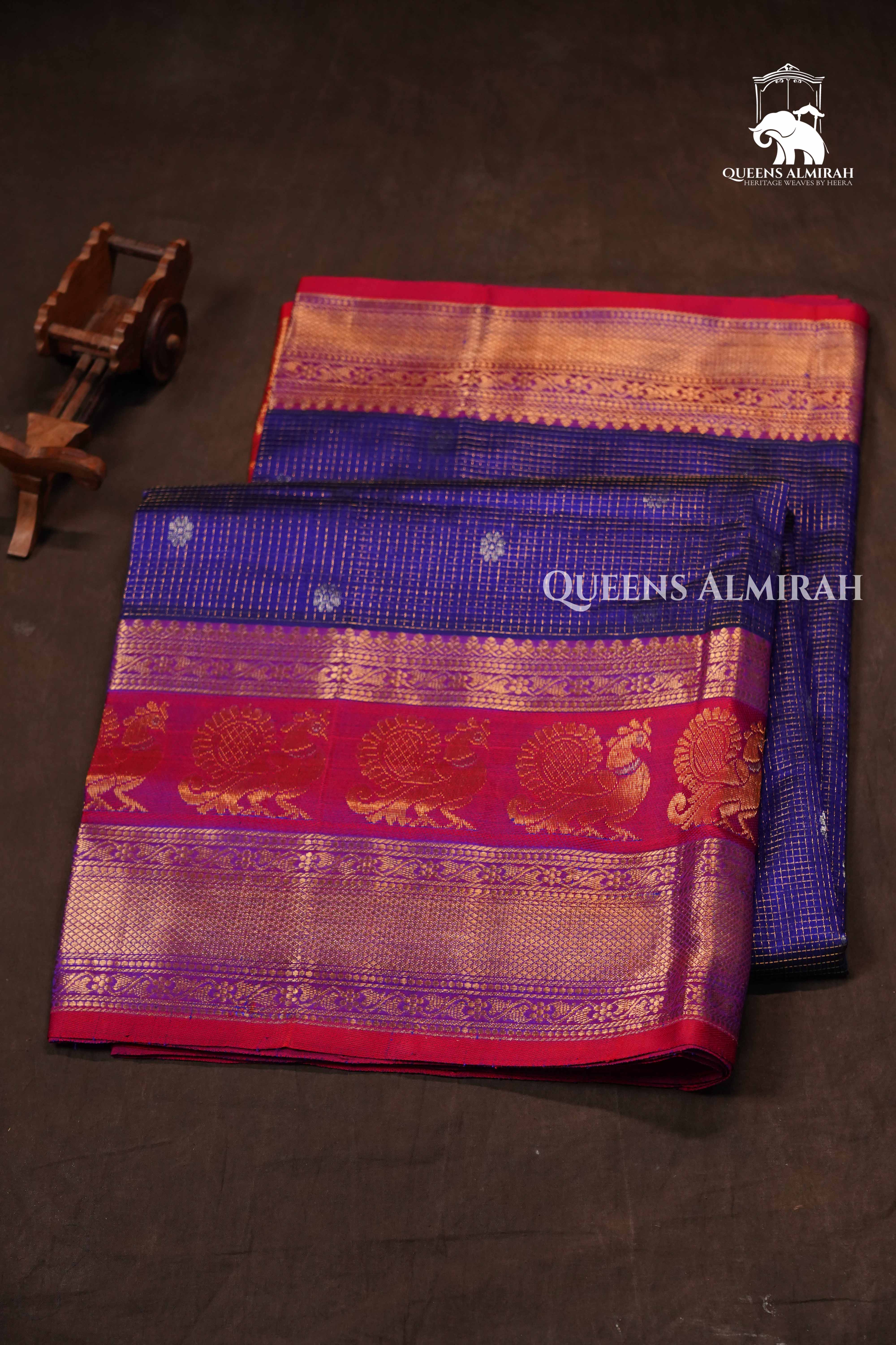 Dark Navy With Red Pure Kanchi Silk Cotton Saree.