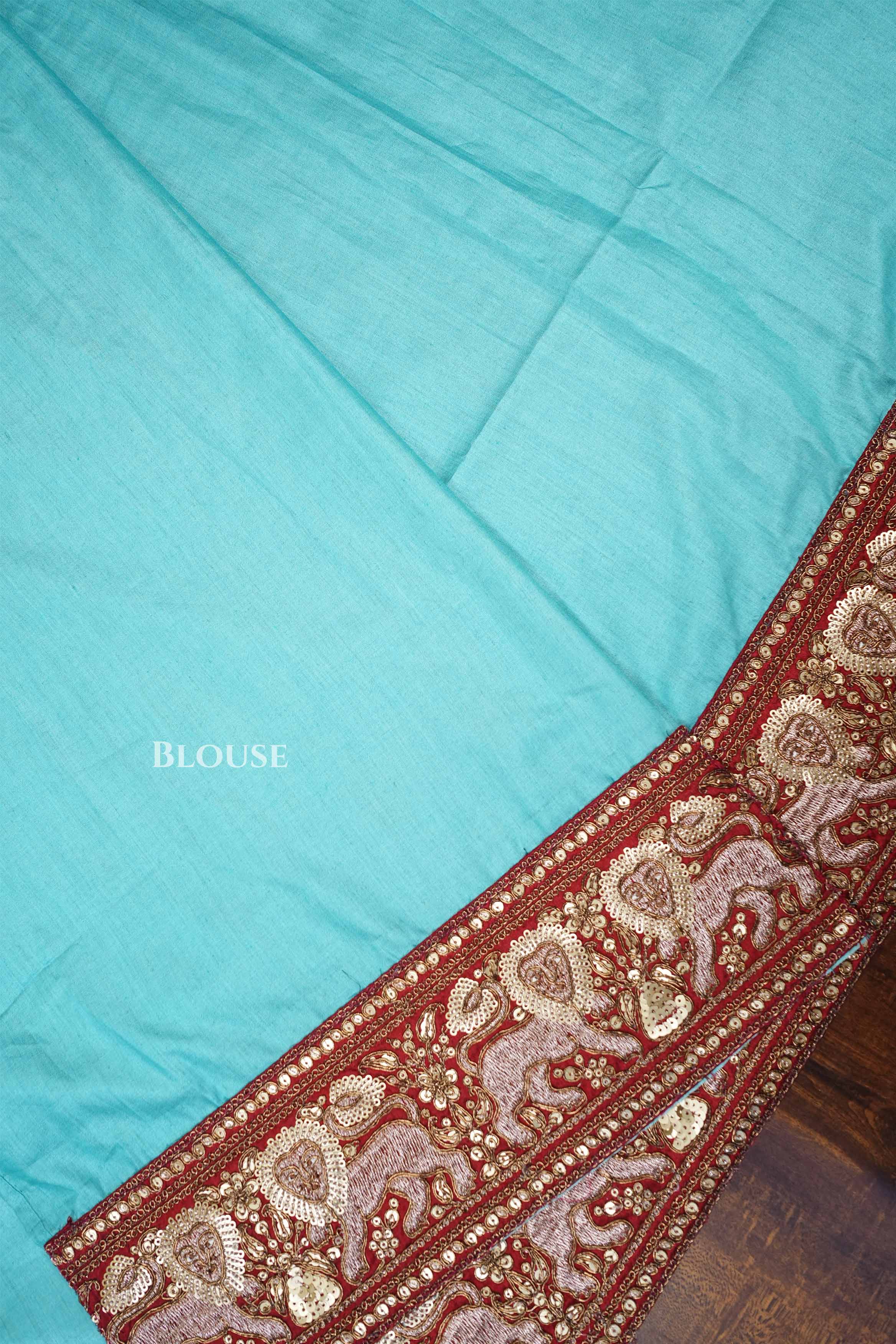 Turquoise Blue With Sindoor Red Tussar Silk Saree