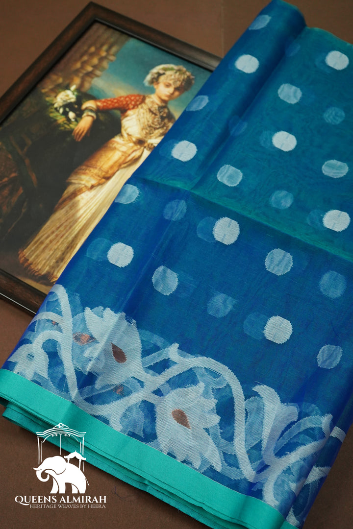 PEACOCK BLUE MUSLIN JAMDANI SAREE - Queens Jewel Emporium