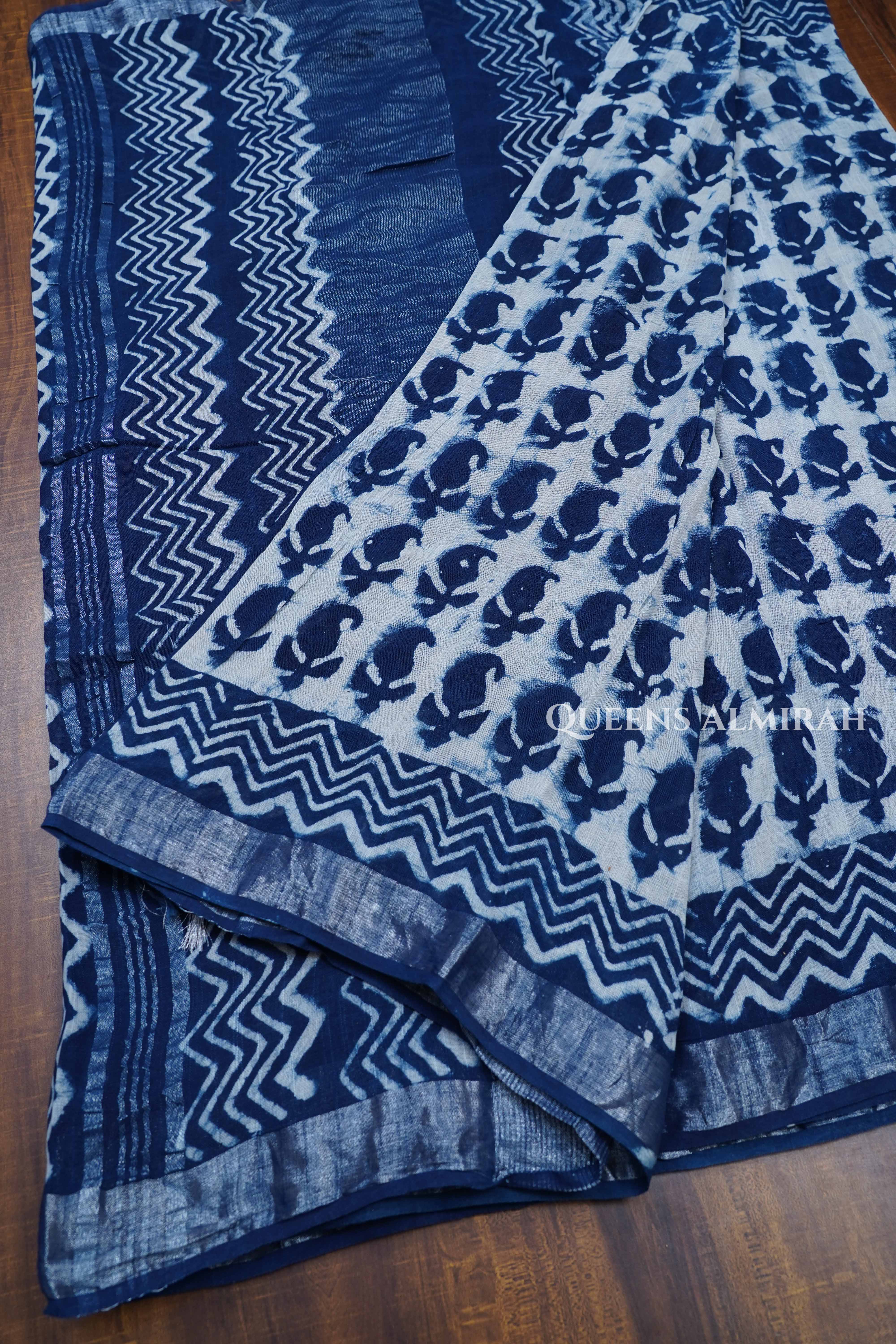 Navy Blue Linen Cotton Saree