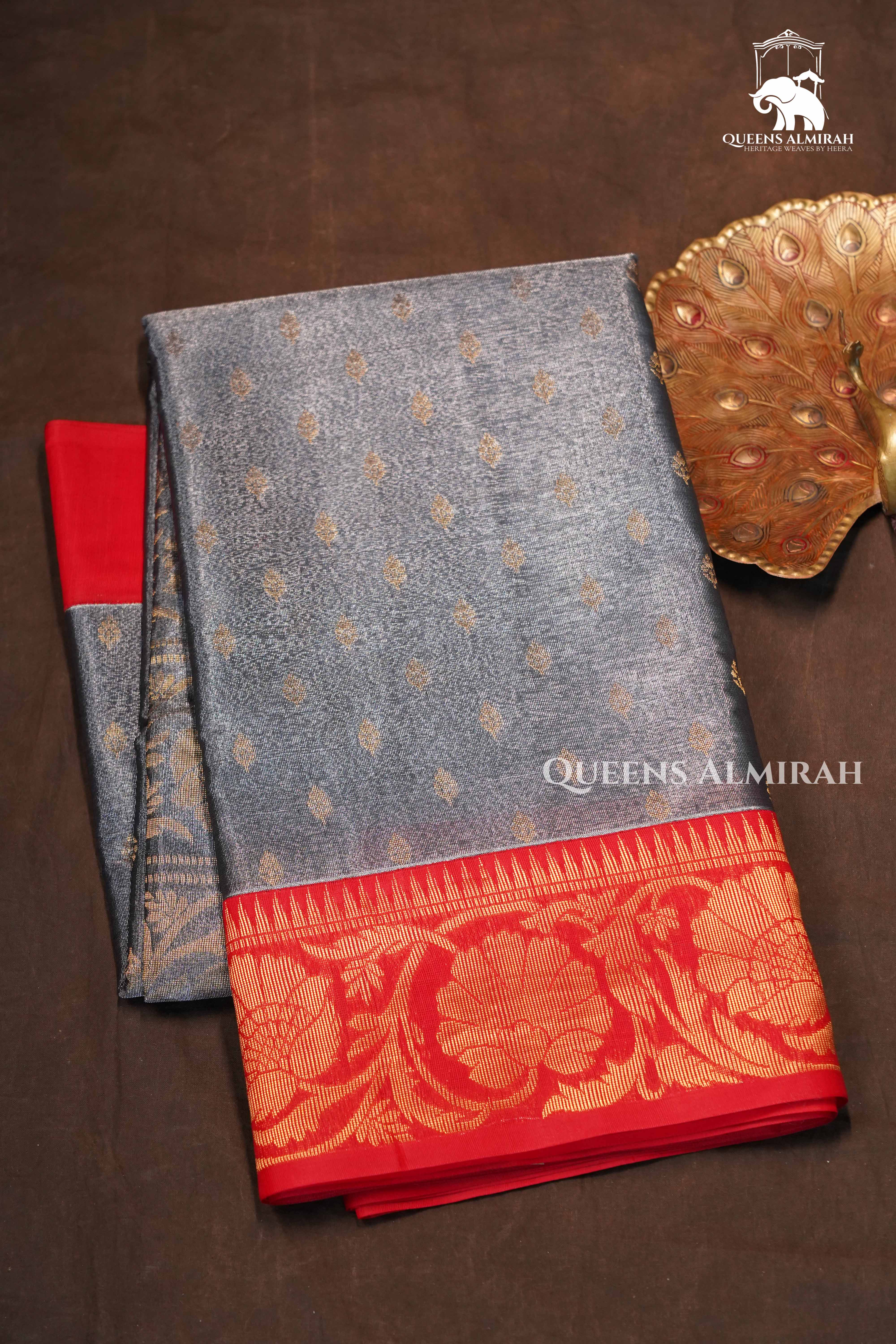 Ash Grey With Red Tissue Silk Cotton Saree