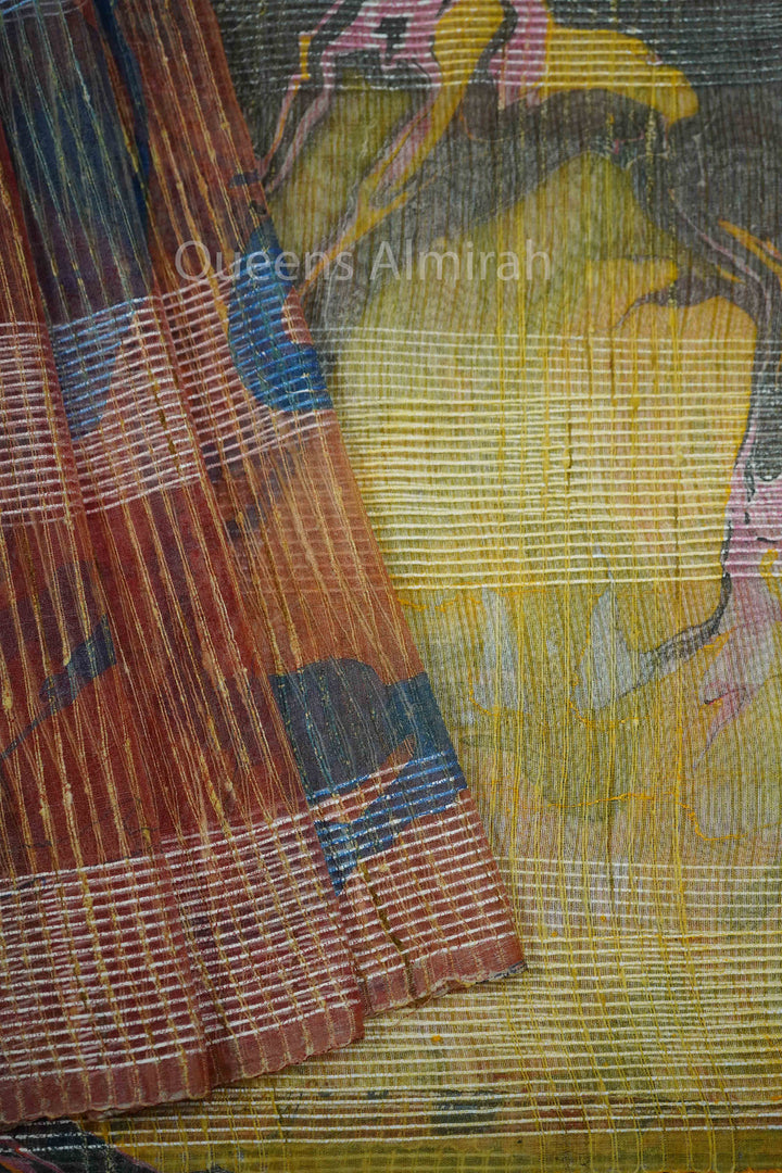 PINKISH BROWN  MARBLE PRINT GHICHA ORAGANZA SAREE - Queens Jewel Emporium