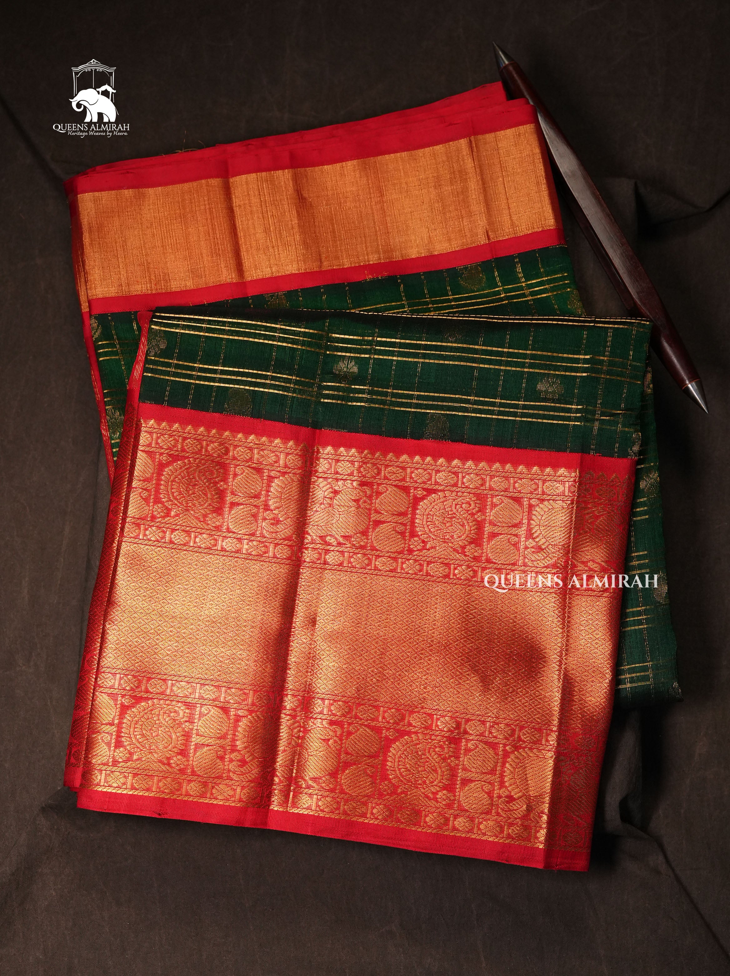 Dark Green With Red Pure Silk Cotton Saree
