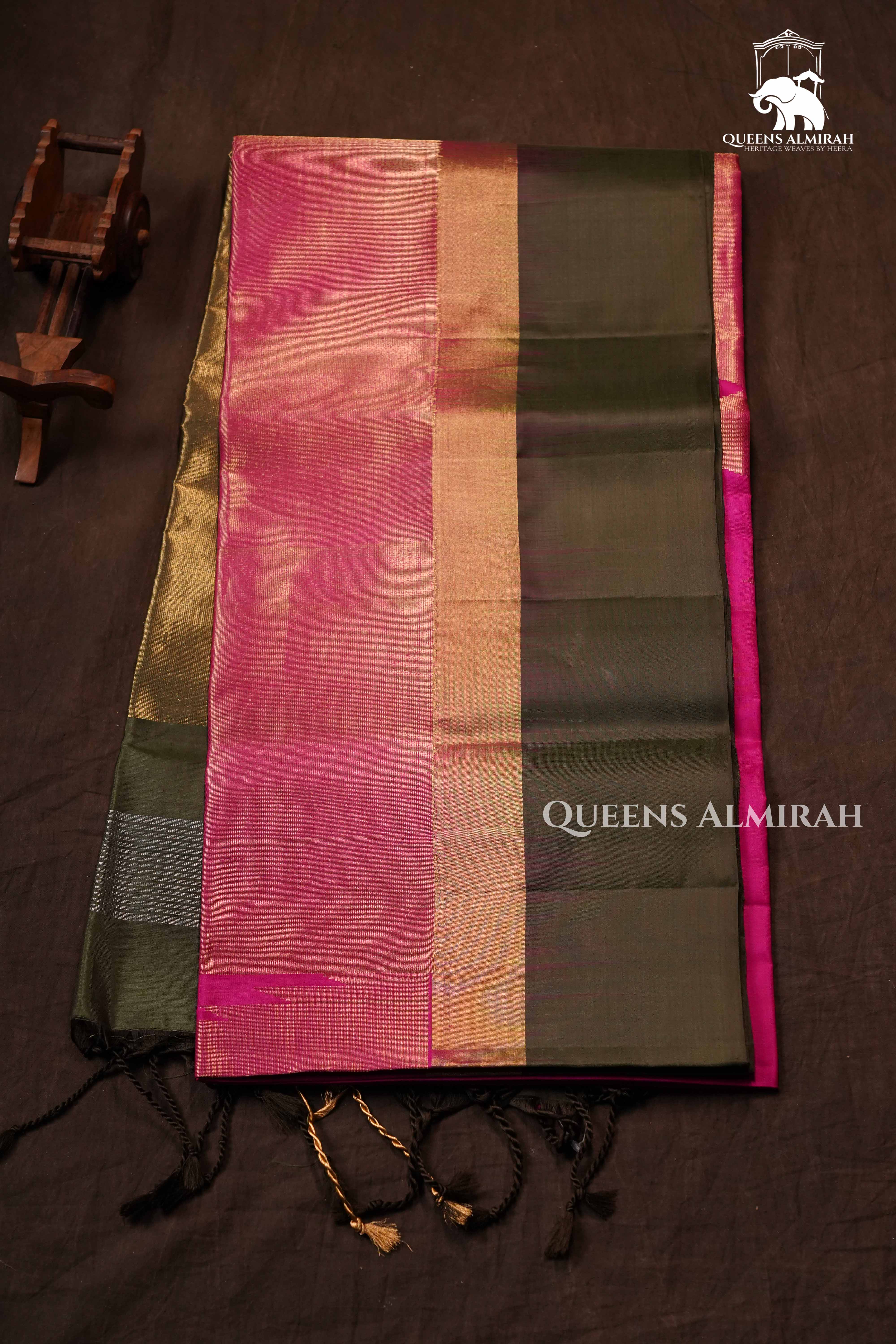 Pink With Dark Green Pure Soft Silk Saree