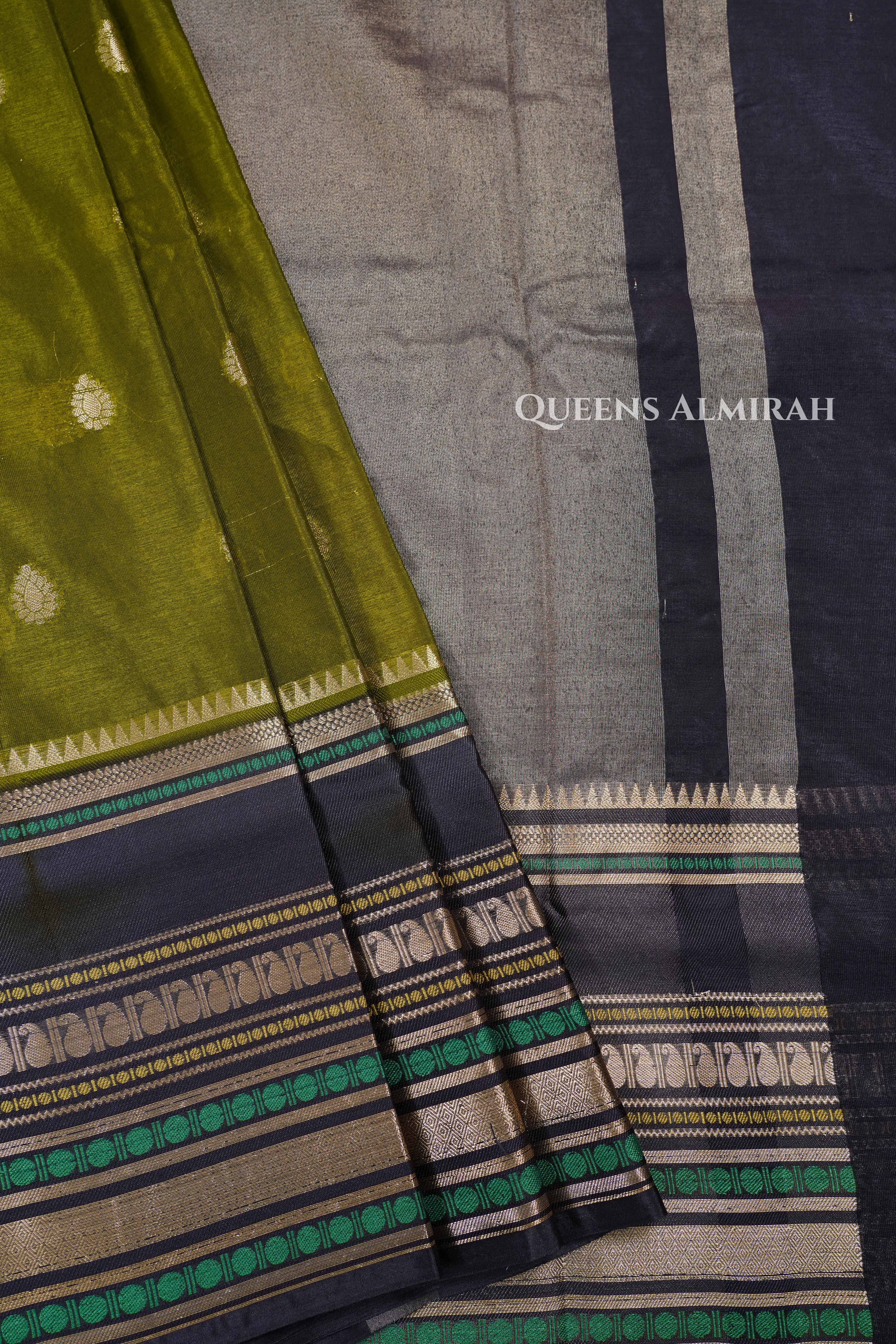 Olive Green With Black Semi Banarasi Silk Saree