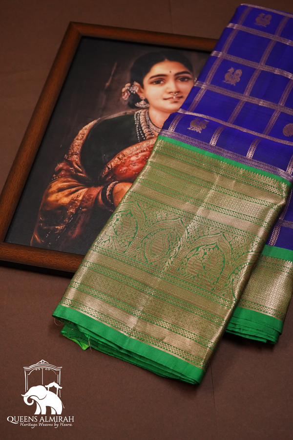 DENIM DARK BLUE WITH LIGHT FOREST GREEN PURE KANCHIVARAM SILK SAREE - Queens Jewel Emporium