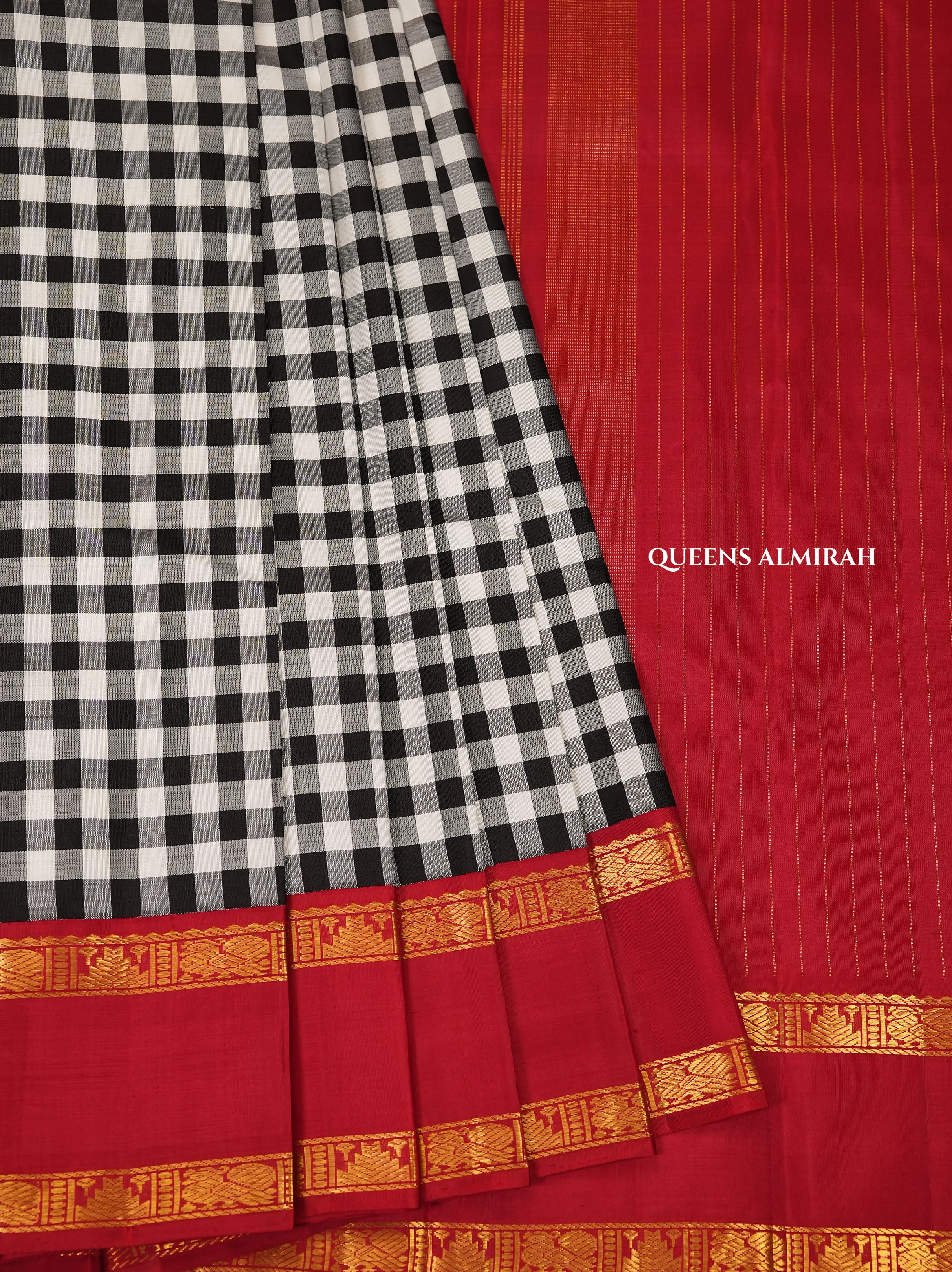 Black And White Checks With Maroon Border Pure Kanchivaram Silk Saree
