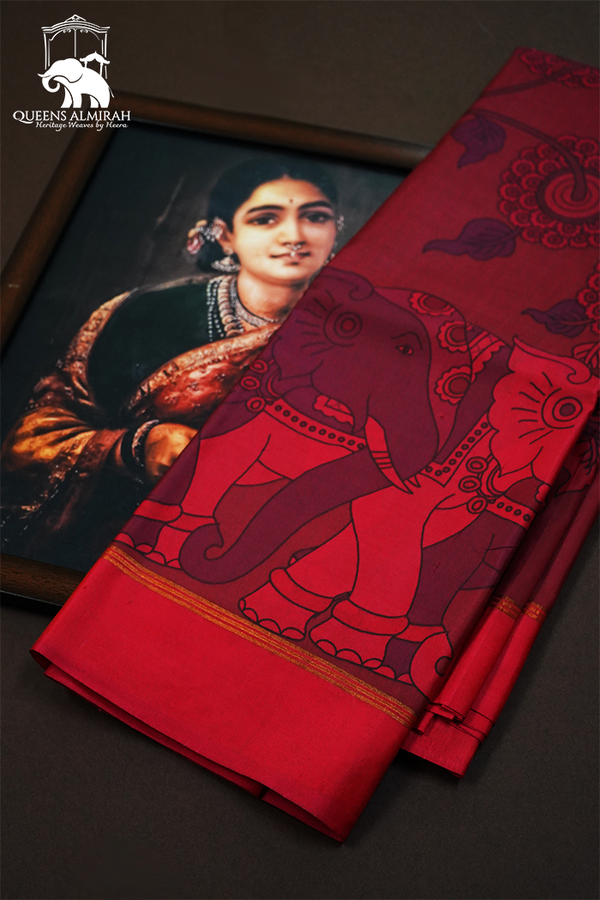 POMEGRANATE RED WITH RED KANCHIVARAM SILK SAREE - Queens Jewel Emporium