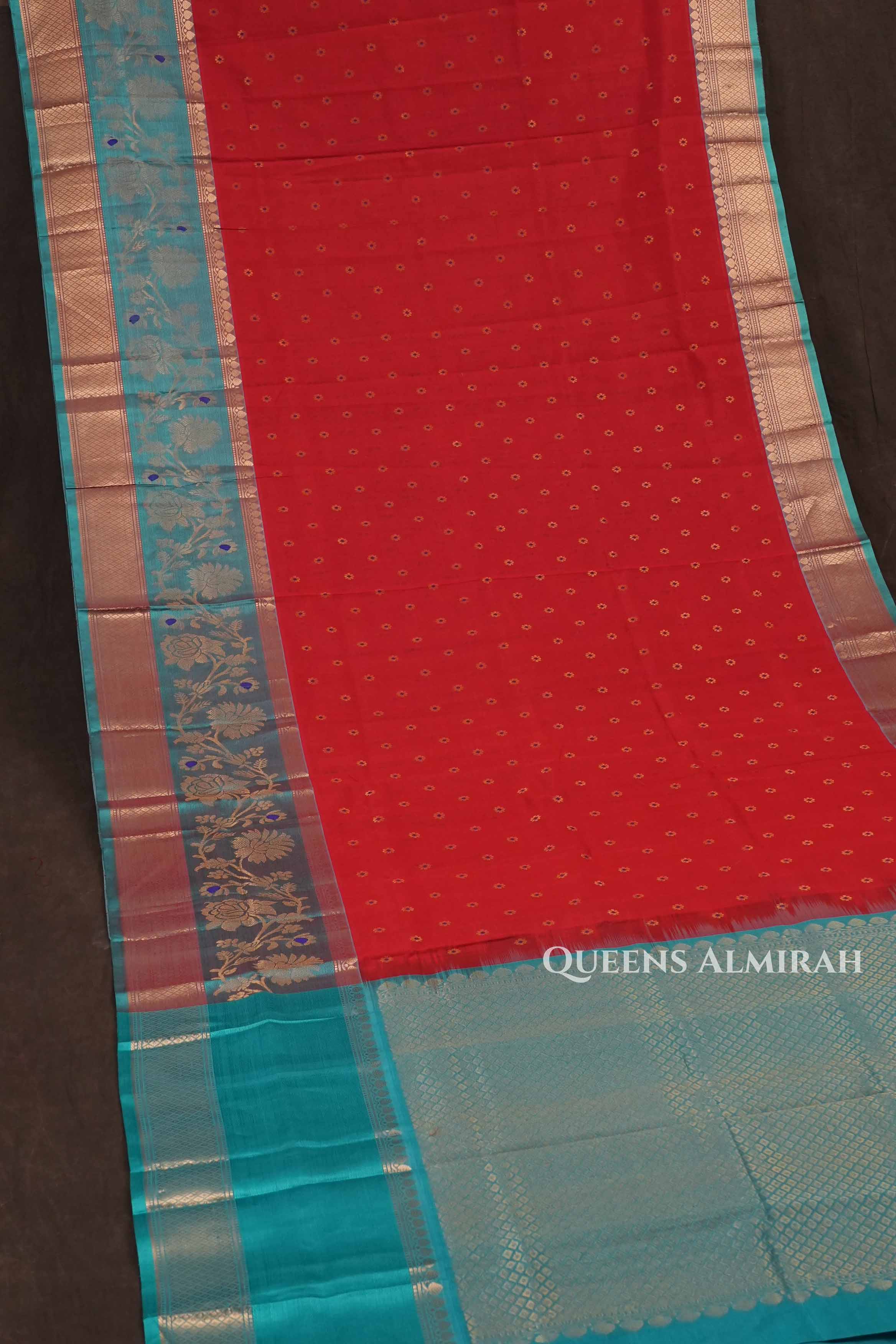 Red With Sea Blue Pure Kanchi Silk Cotton Saree