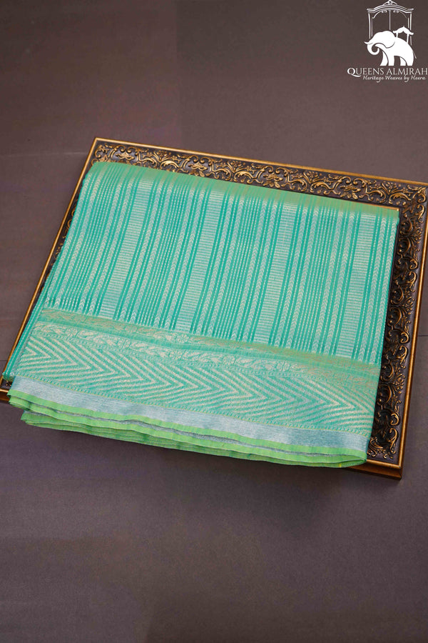 GREENY BLUE PURE SILK COTTON SAREE - Queens Jewel Emporium