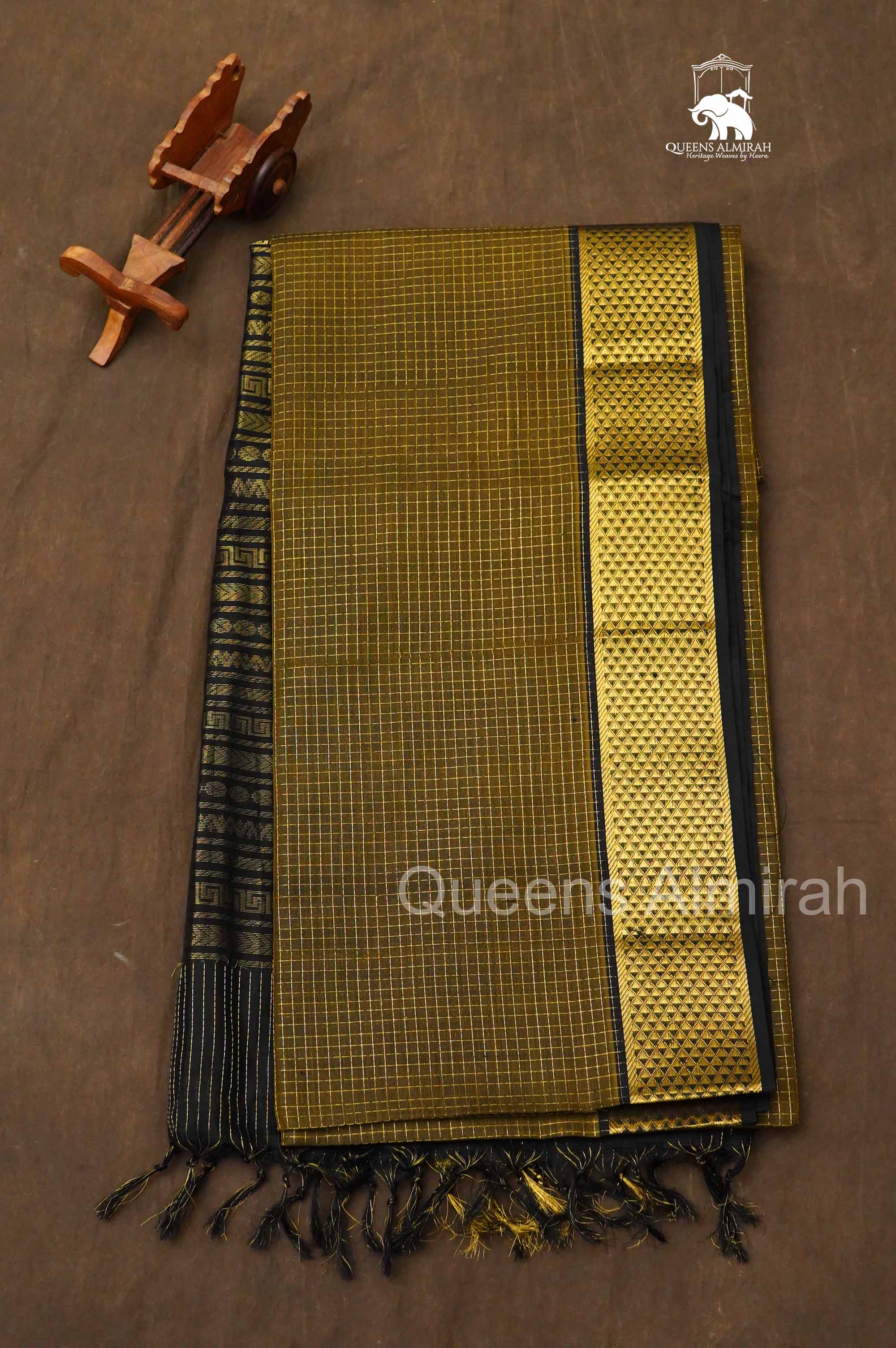 Mustard Green With Black Pure Silk Cotton Saree