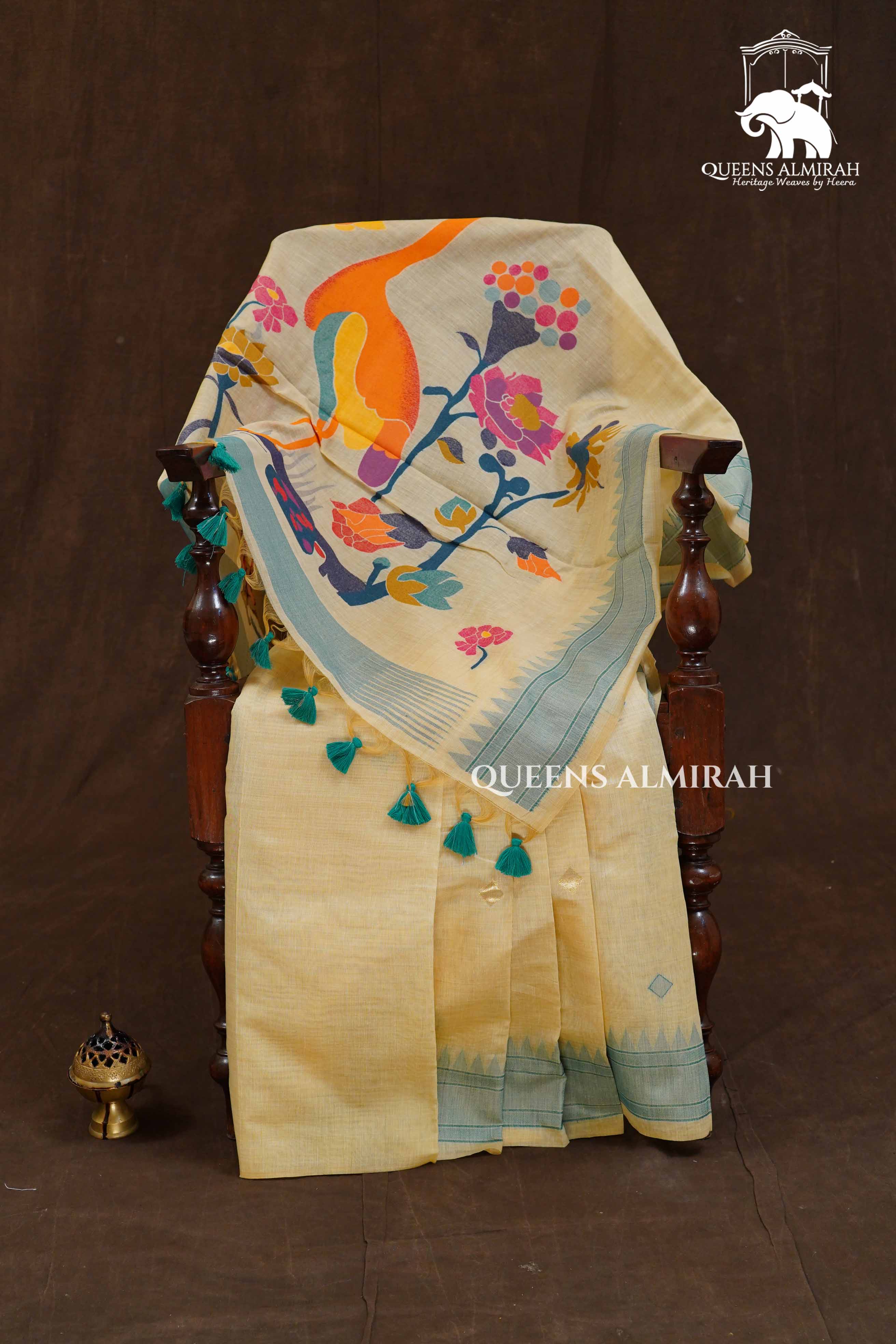 Off White With Blue Chanderi Silk Cotton Saree