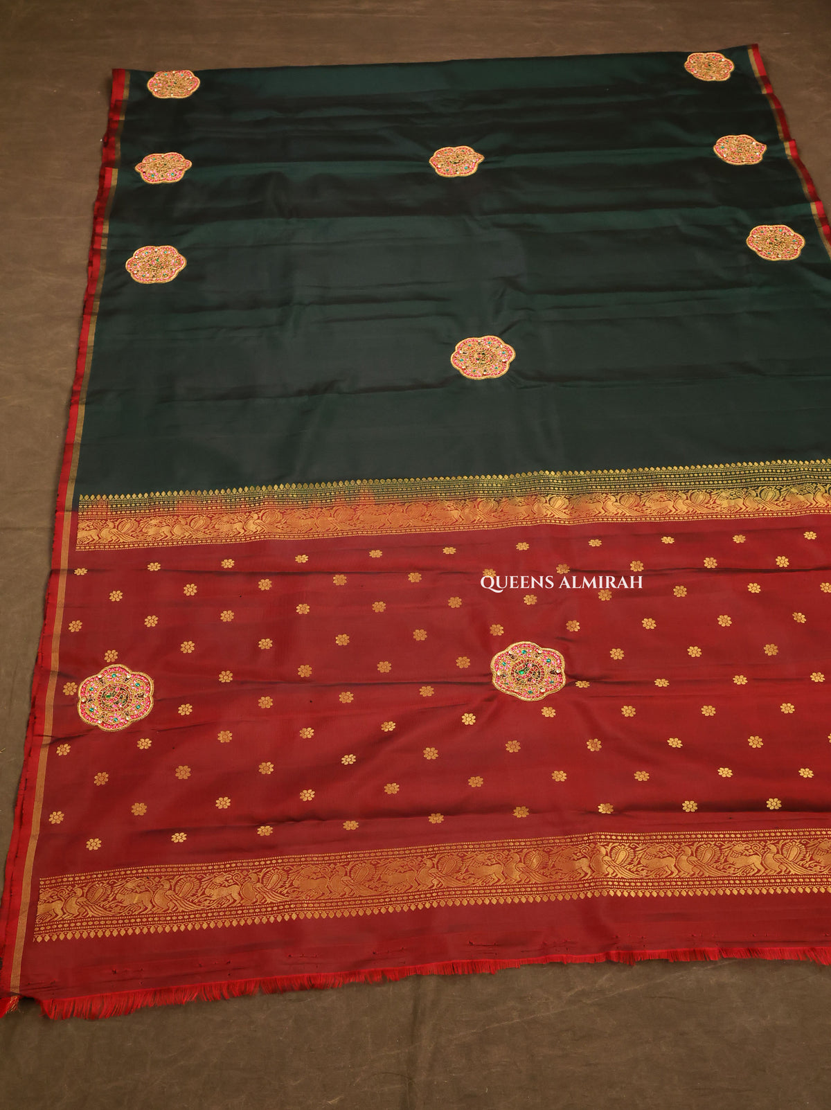 Meenakshi Green With Maroon Rakkadai Designer Silk Saree