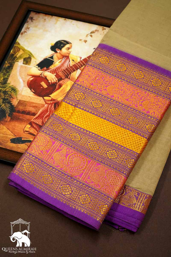 SAND BIEGE LONG MULTI COLOUR ZARI BRODER NARAYANPET COTTON SAREE - Queens Jewel Emporium