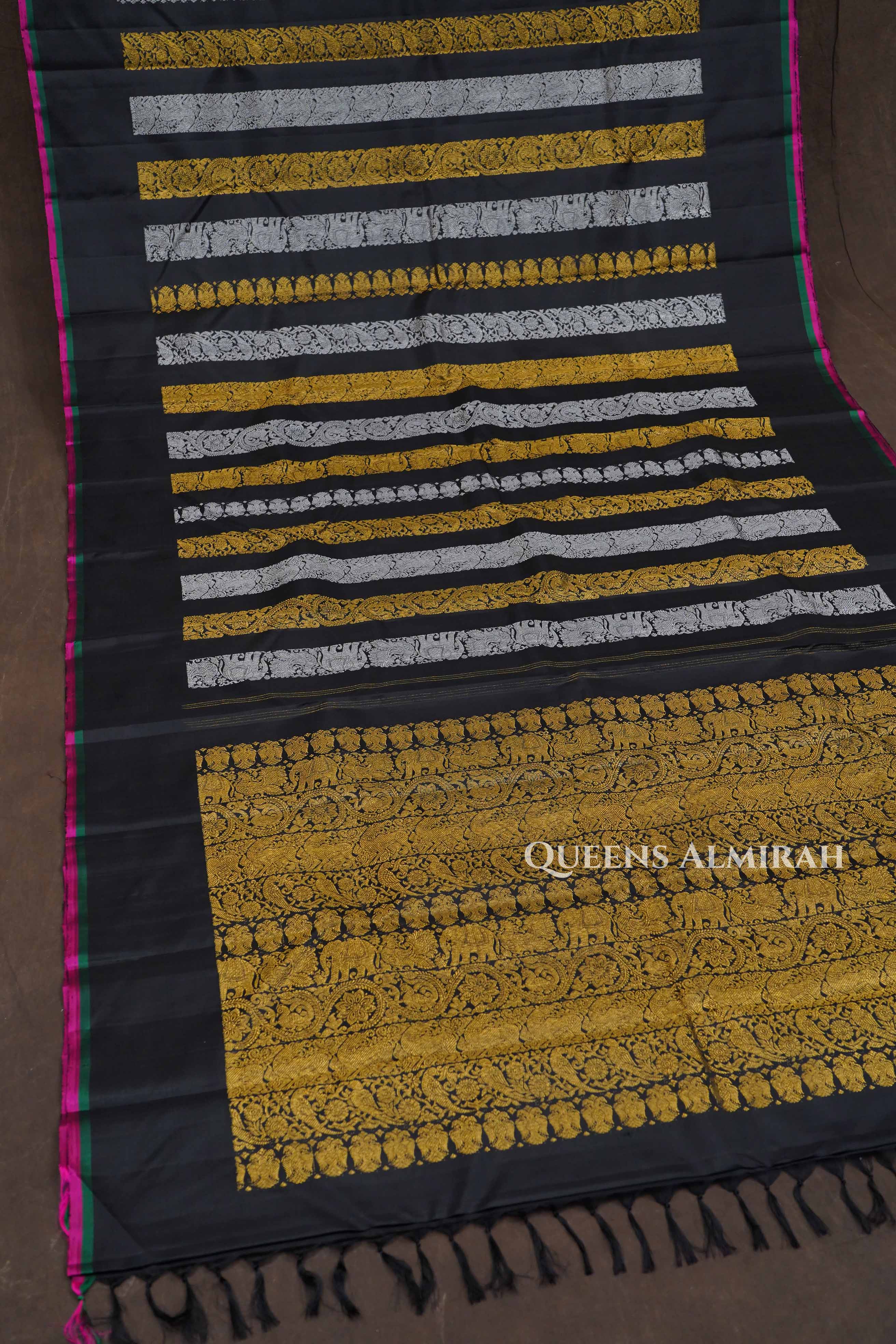 Black Striped Vanasingaram Pure Kanchivaram Silk Saree