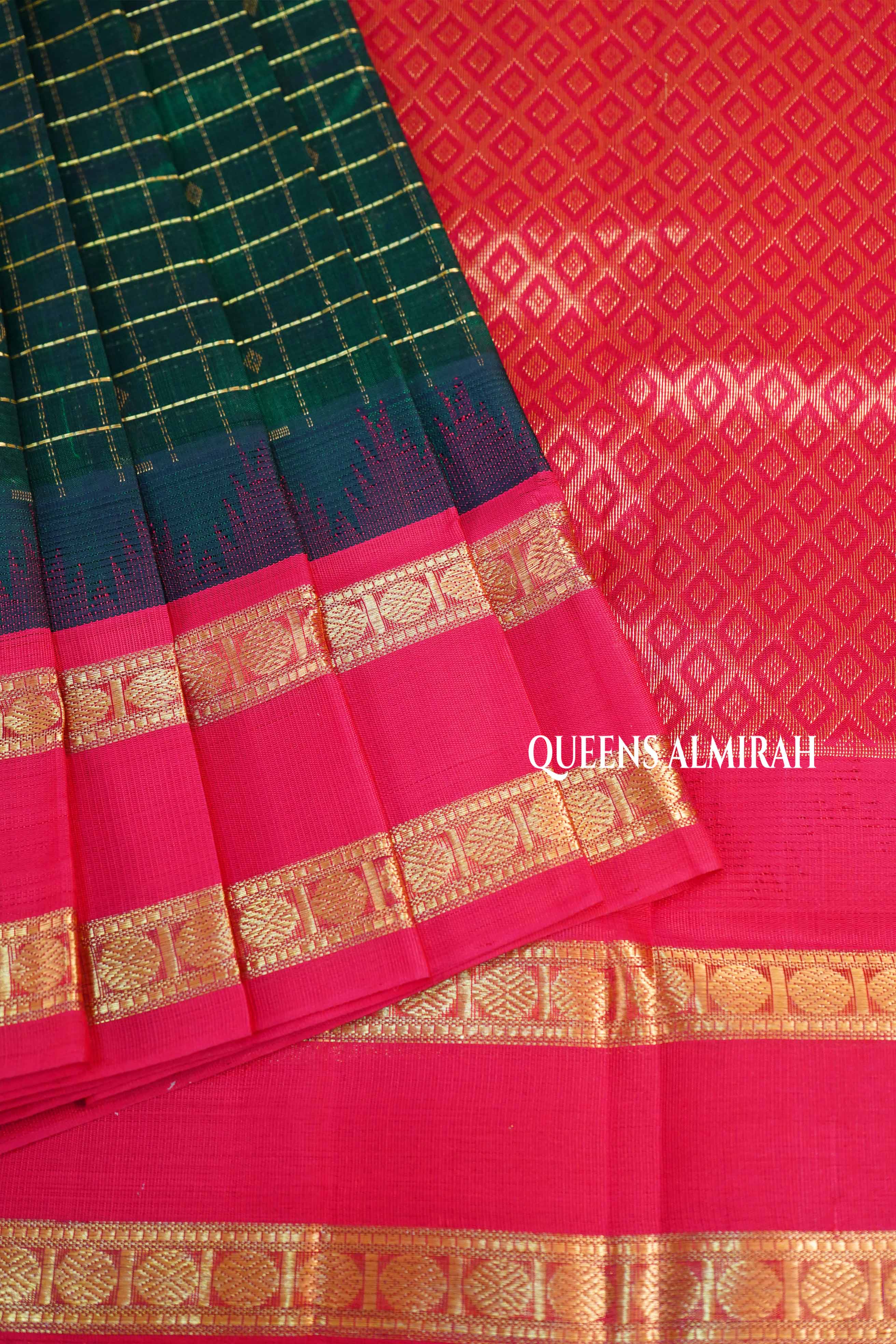 Dark Green Kattam With Red Pure Silk Cotton Saree