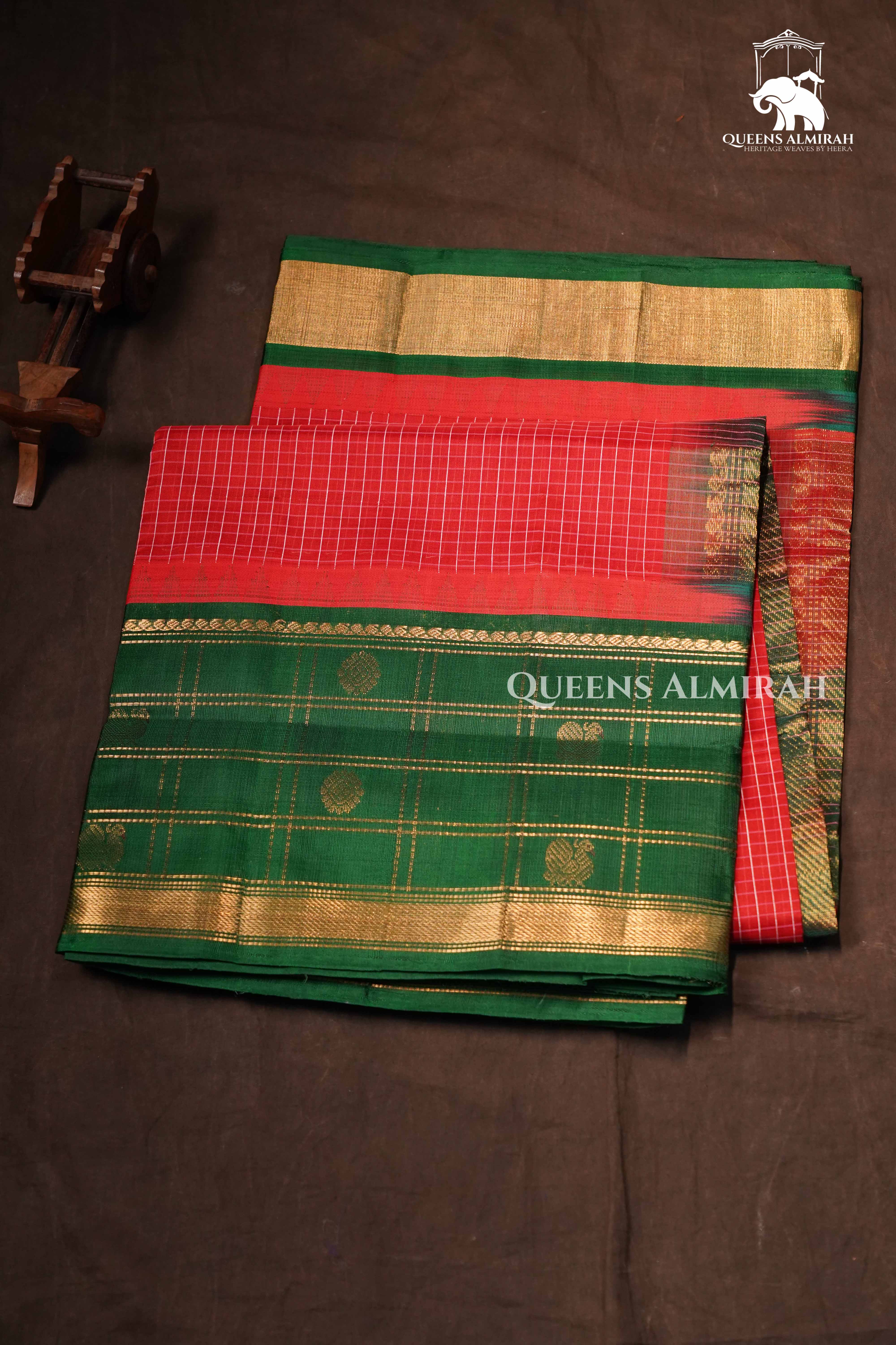 Tomato Red With Green Pure Kanchi Silk Cotton Saree