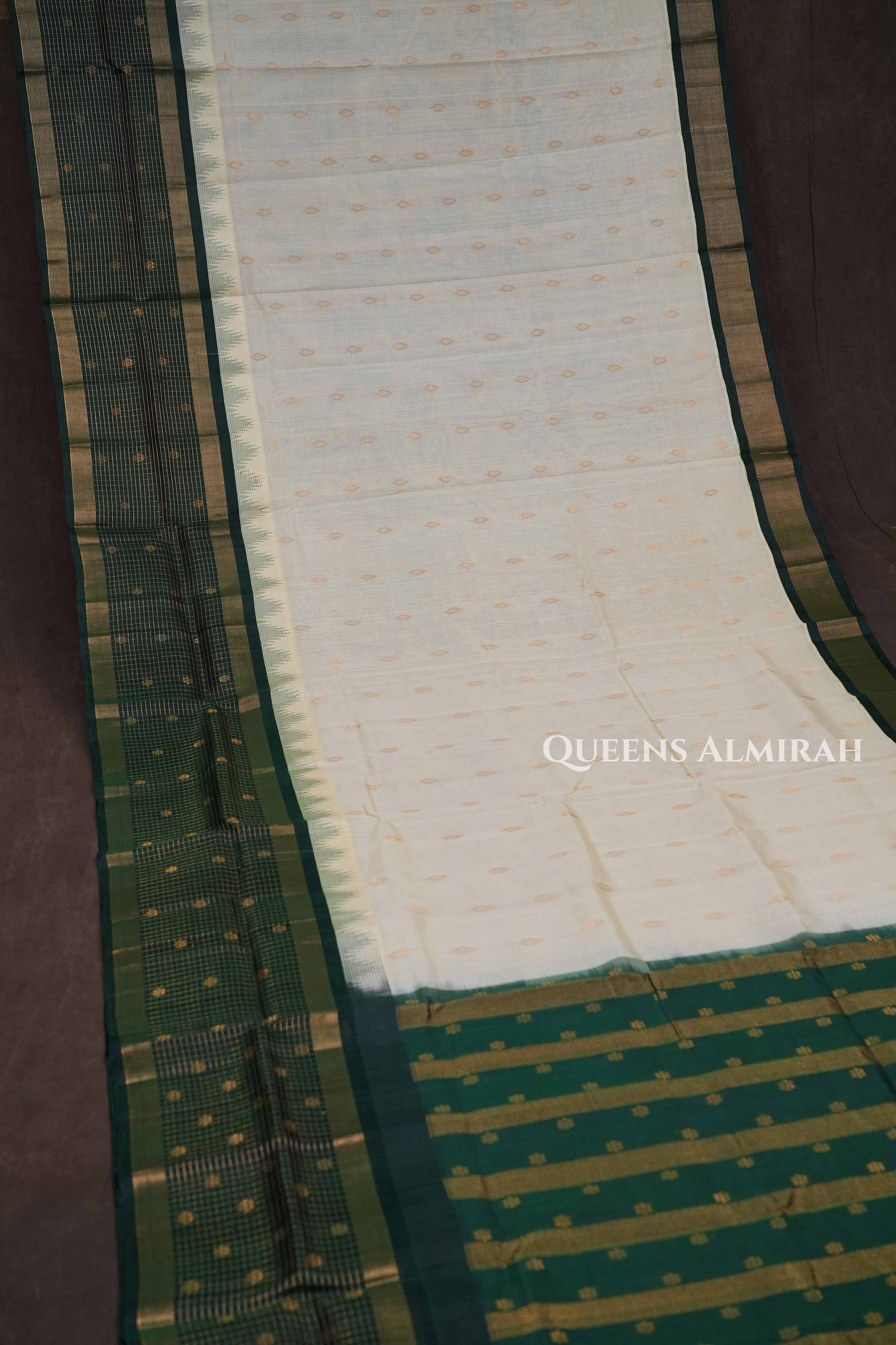 White With Dark Green Pure Kanchi Silk Cotton Saree