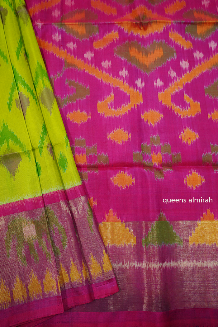 CHARTRUSE GREEN AND BRIGHT PINK SOFT SILK SAREE - Queens Jewel Emporium
