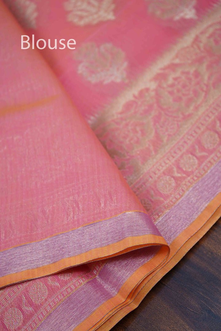 PINKISH ORANGE BANARASI SILK COTTON SAREE - Queens Jewel Emporium