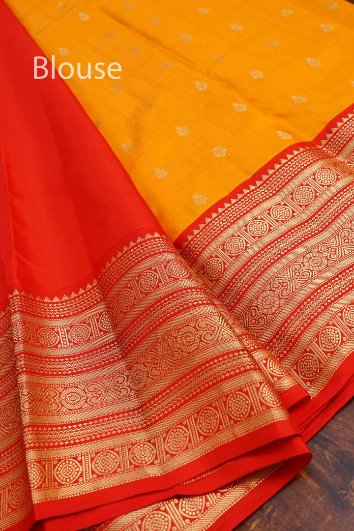 MANGO YELLOW WITH RED PURE KANCHIVARAM SILK SAREE - Queens Jewel Emporium