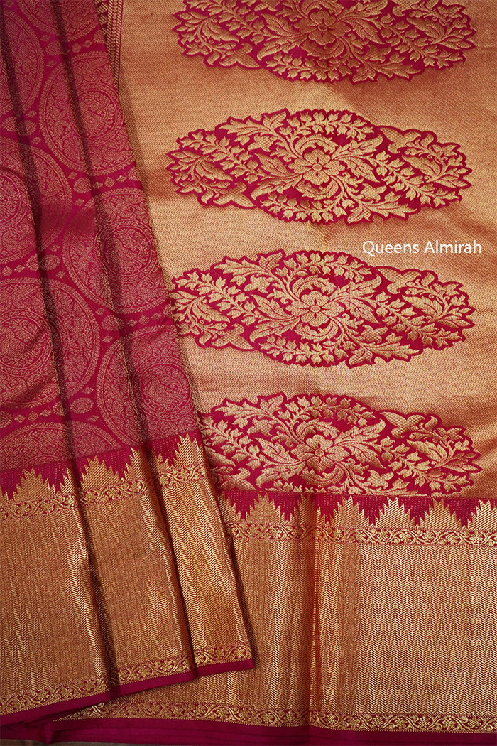 DEEP CARMINE WITH DARK ROSE PURE KANCHIVARAM SILK SAREE - Queens Jewel Emporium