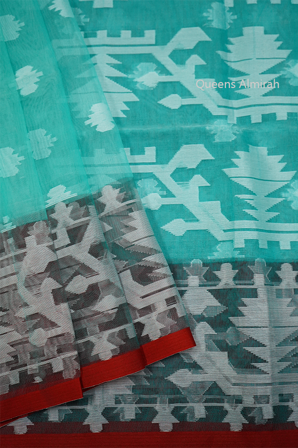 SEA GREEN WITH GREY MUSLIN JAMDANI SAREE - Queens Jewel Emporium