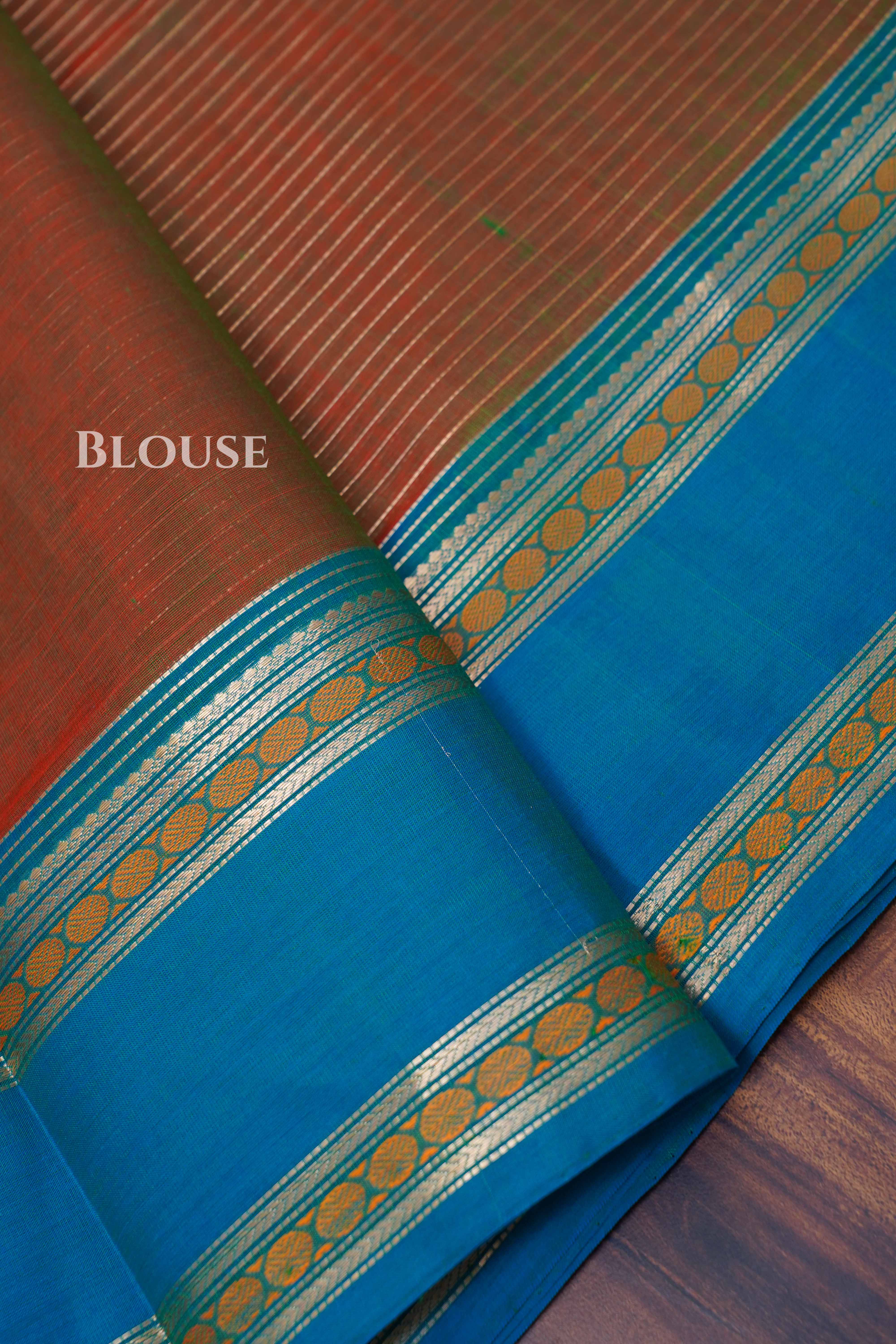 Reddish Brown With Blue Karaikudi Chettinad Silk Cotton Saree