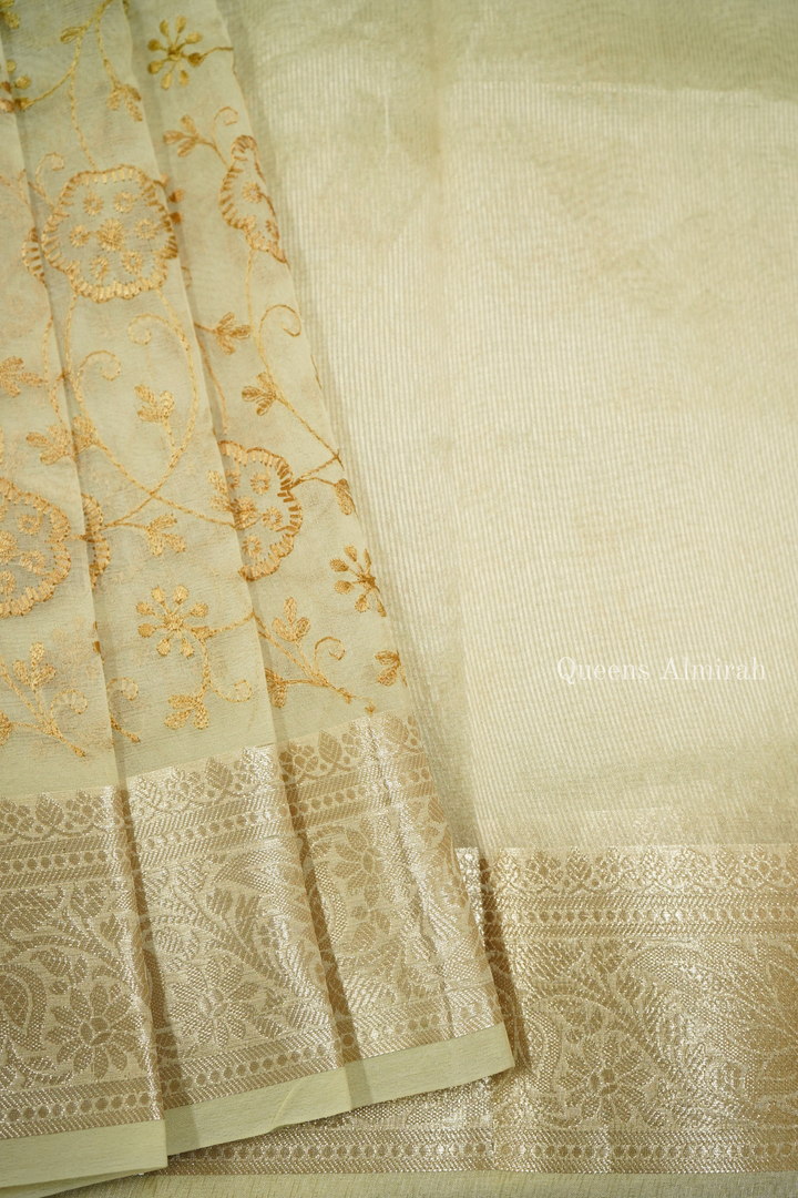 PALE OLIVE AND MULTI COLOR  ORGANZA SAREE - Queens Jewel Emporium