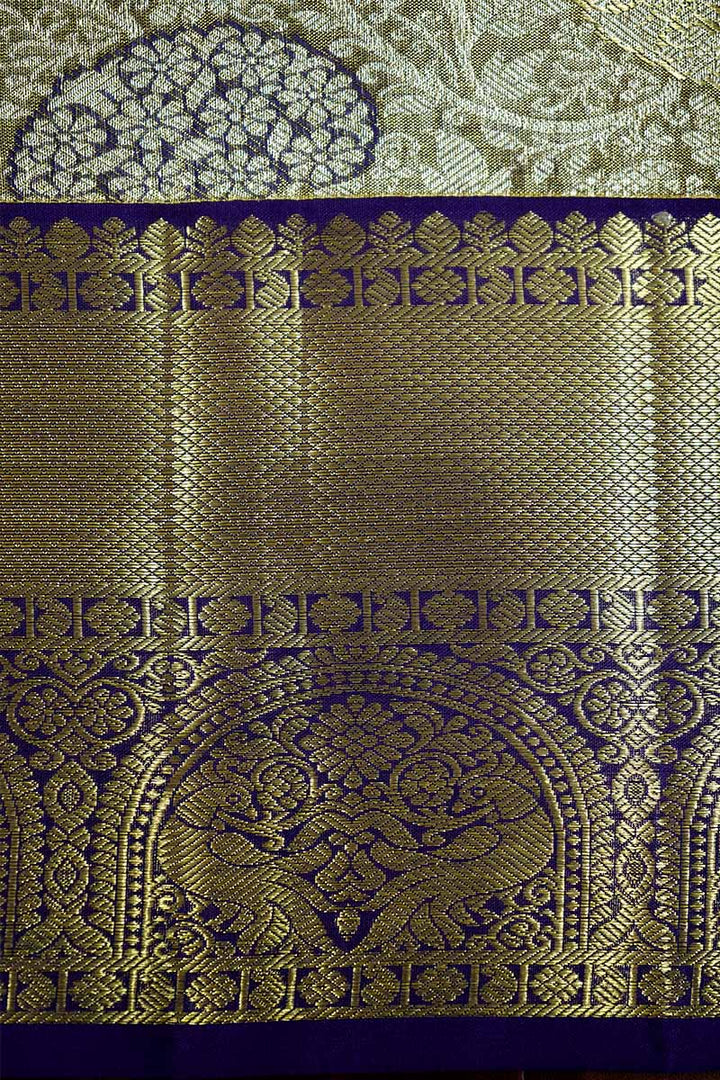 IVORY GOLD WITH VIOLET KANCHI SILK SAREE - Queens Jewel Emporium