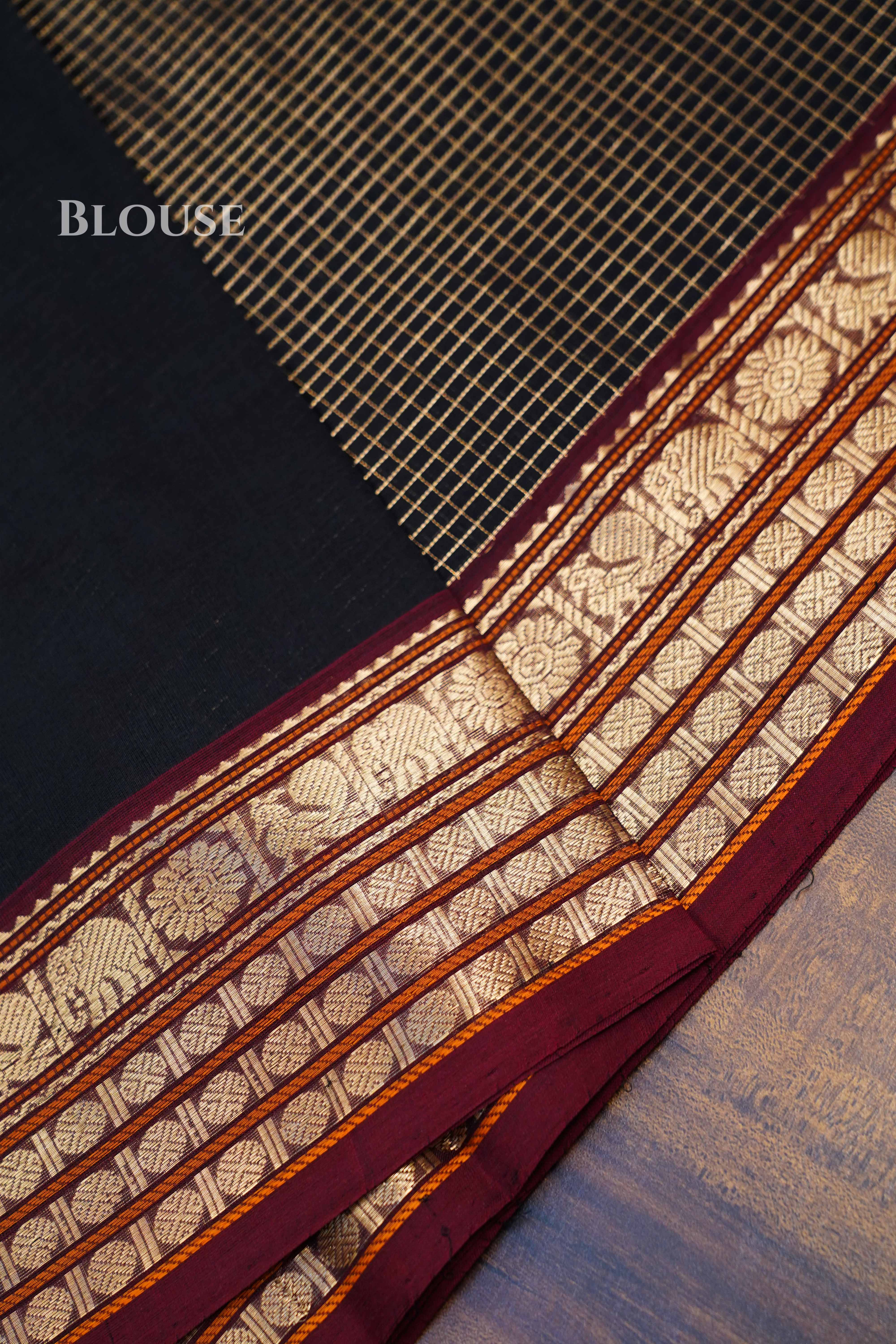 Black With Maroon- Karaikudi Chettinad Silk Cotton Saree