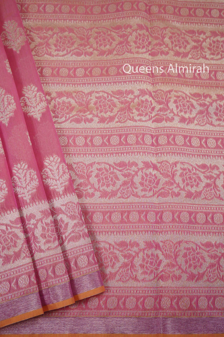 PINKISH ORANGE BANARASI SILK COTTON SAREE - Queens Jewel Emporium