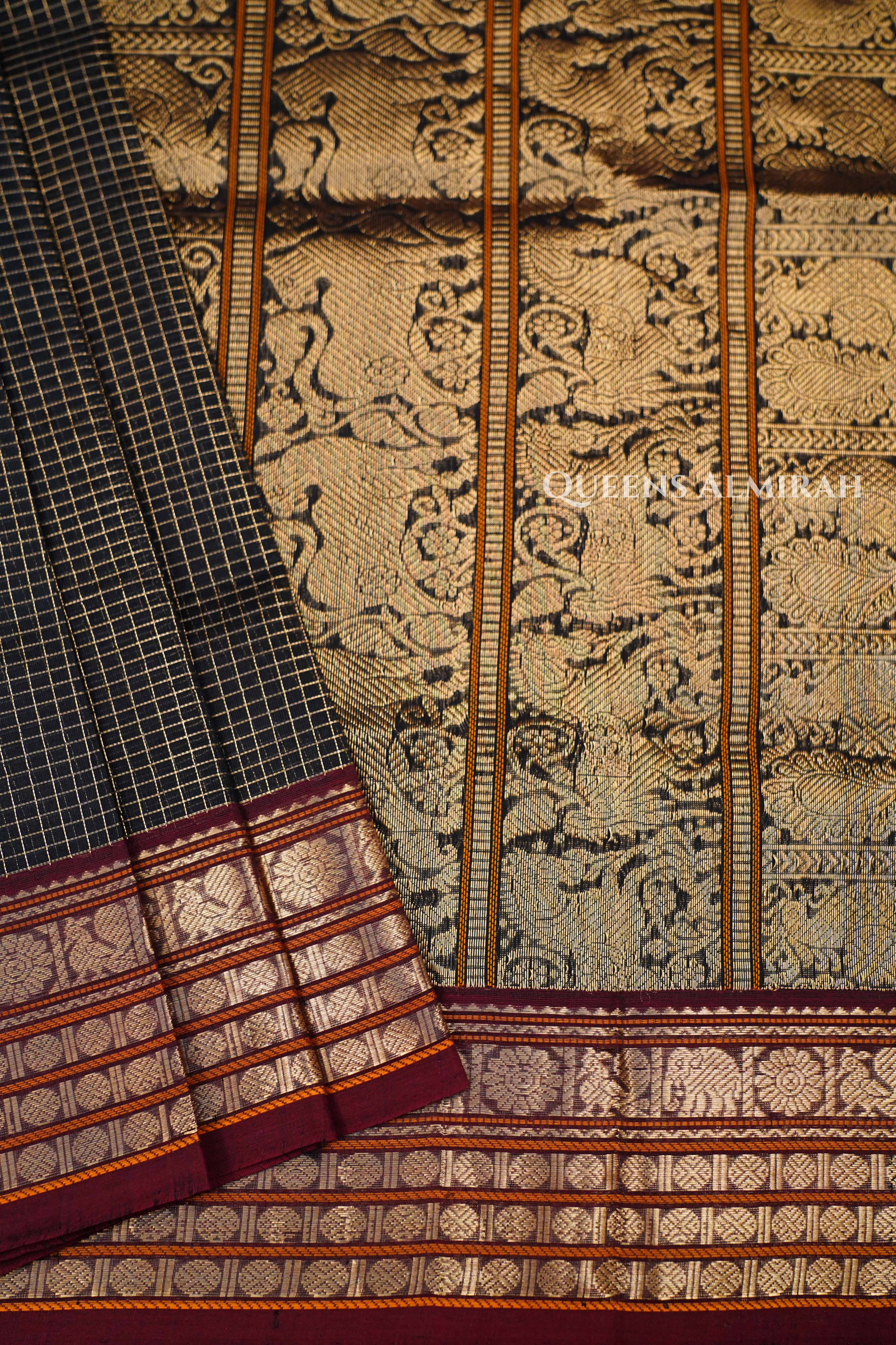 Black With Maroon- Karaikudi Chettinad Silk Cotton Saree