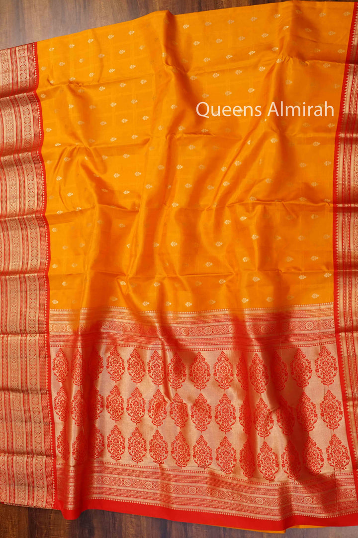 MANGO YELLOW WITH RED PURE KANCHIVARAM SILK SAREE - Queens Jewel Emporium