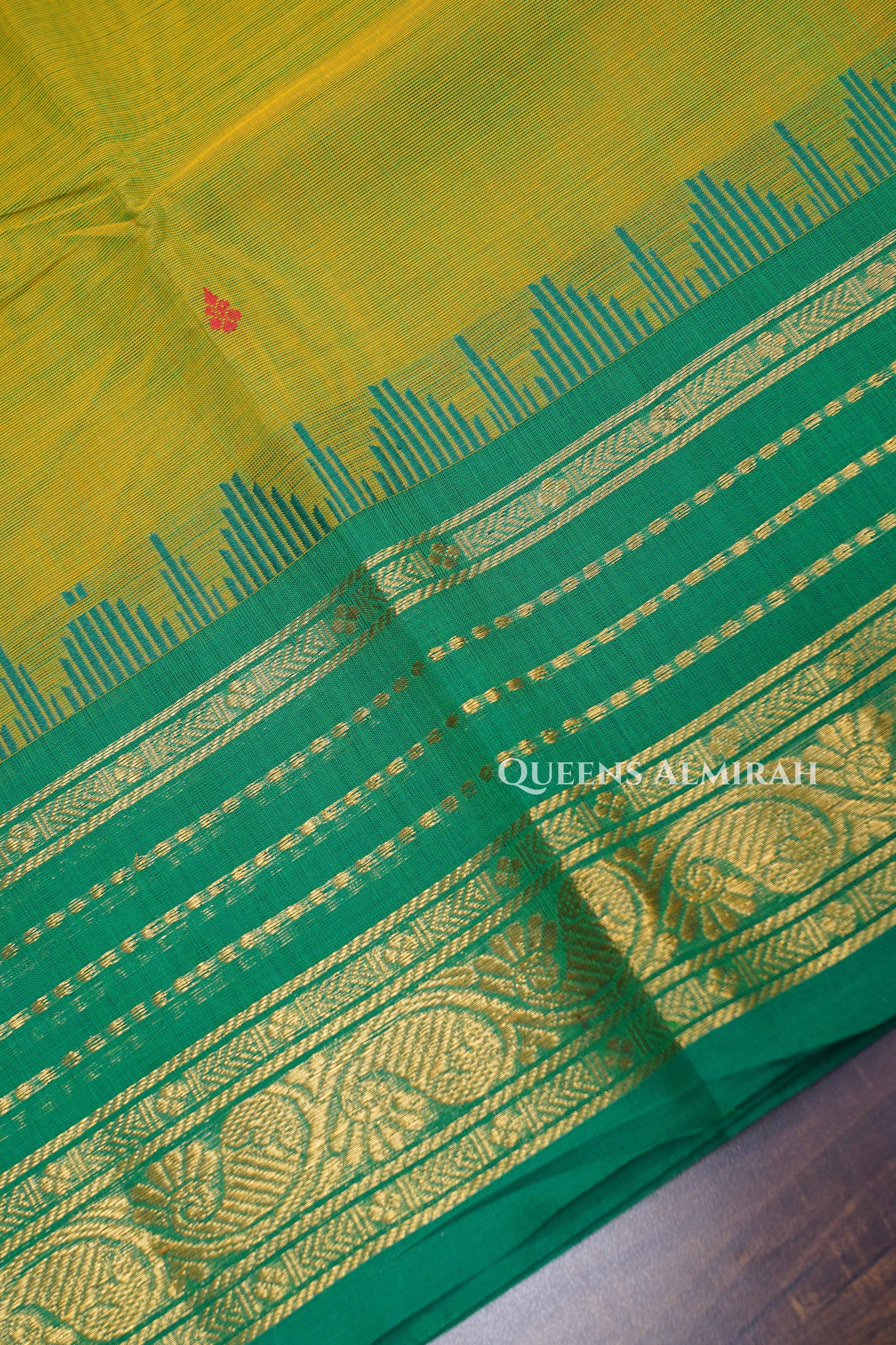 Yellow Green With Red Kanchi Cotton Saree