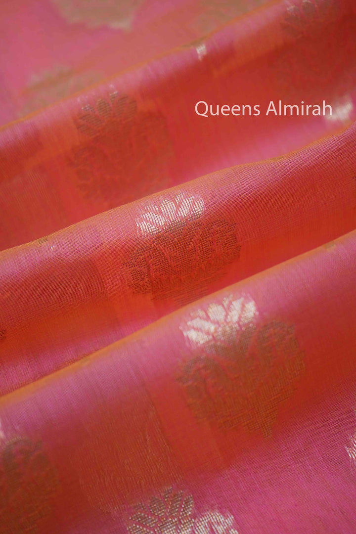 PINKISH ORANGE BANARASI SILK COTTON SAREE - Queens Jewel Emporium