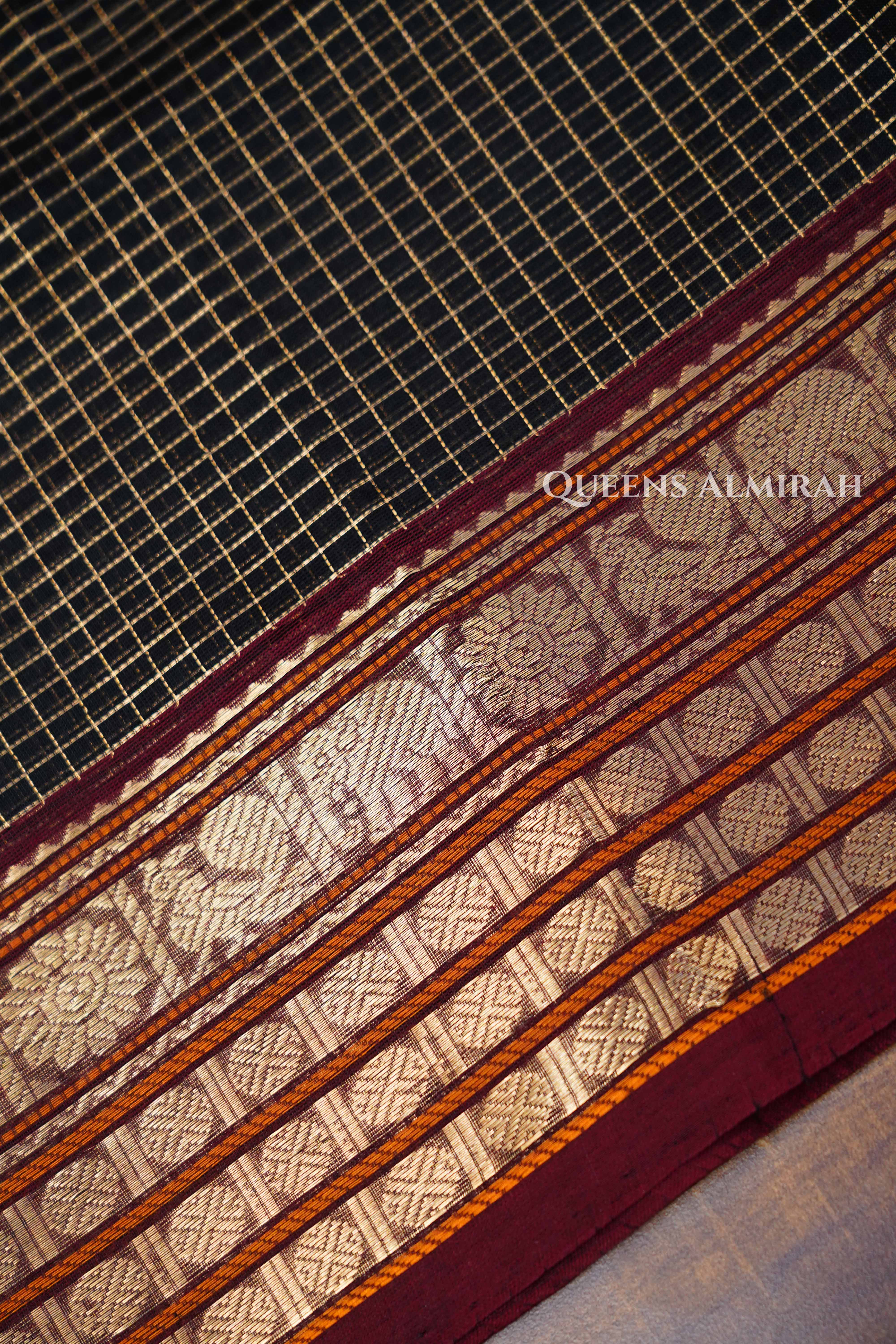 Black With Maroon- Karaikudi Chettinad Silk Cotton Saree