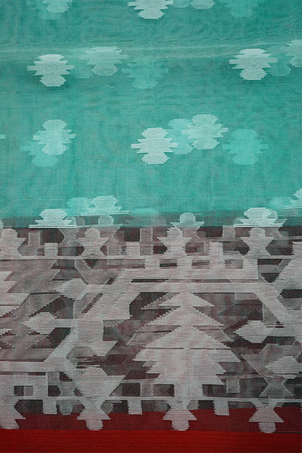 SEA GREEN WITH GREY MUSLIN JAMDANI SAREE - Queens Jewel Emporium