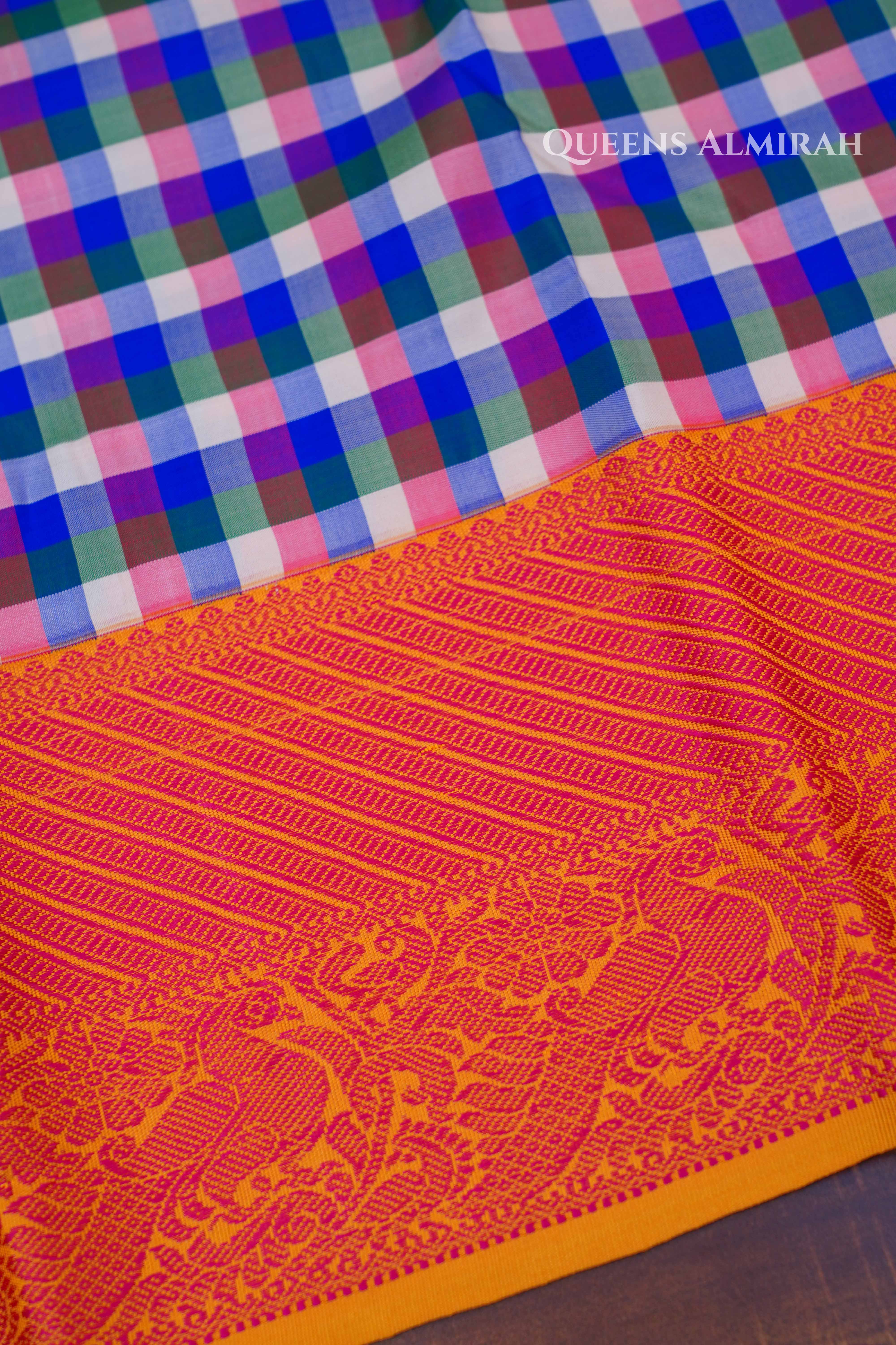 White With Blue Checks Kuravanji Silk Saree