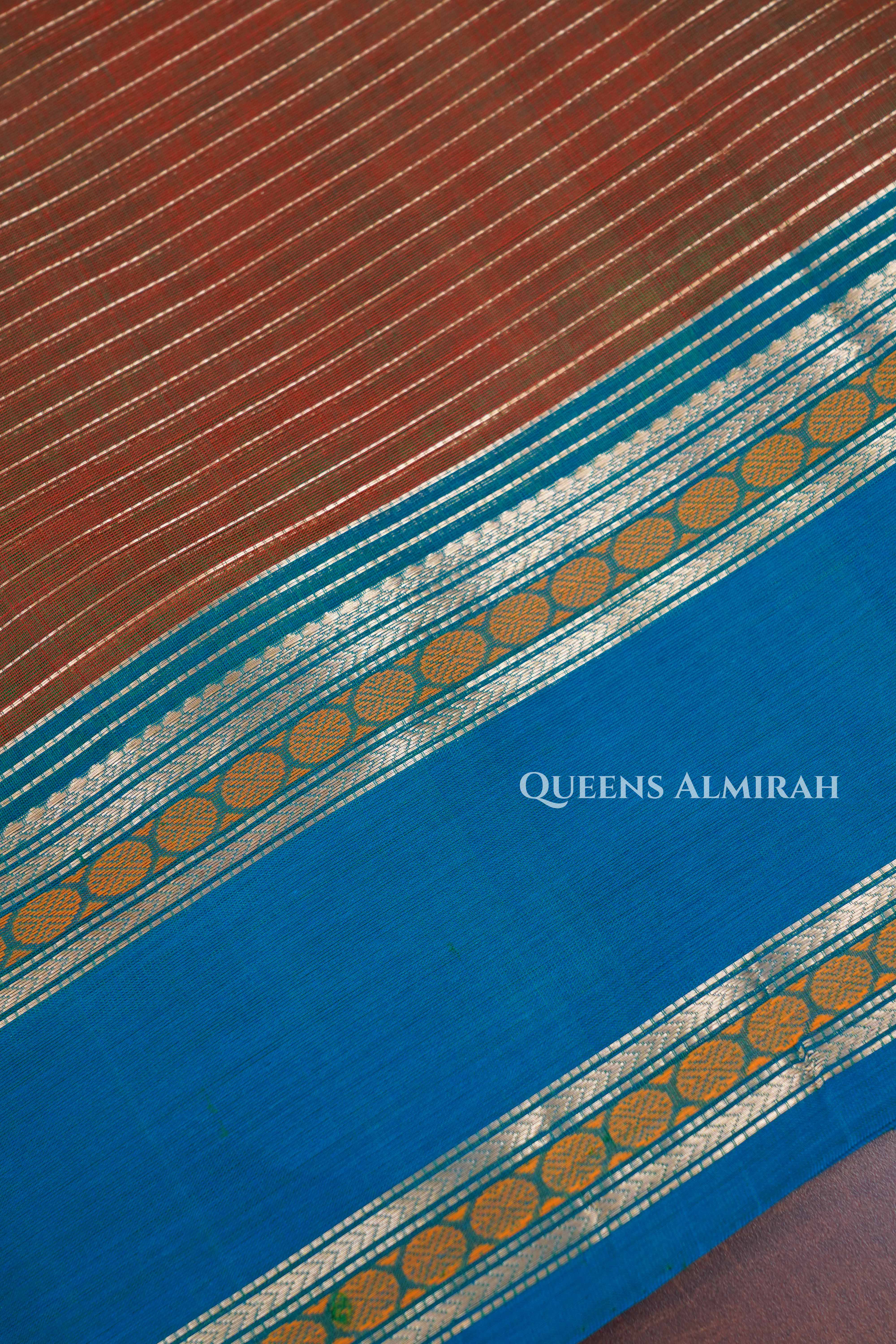 Reddish Brown With Blue Karaikudi Chettinad Silk Cotton Saree