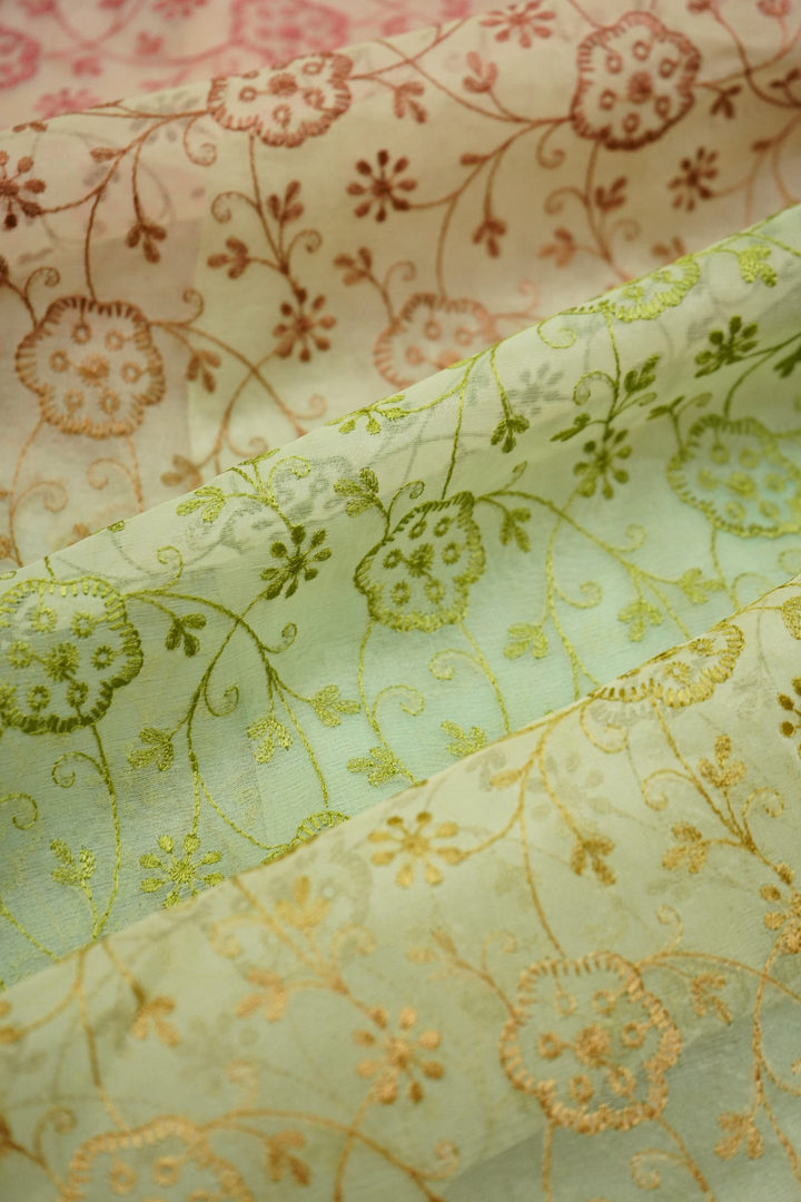 PALE OLIVE AND MULTI COLOR  ORGANZA SAREE - Queens Jewel Emporium
