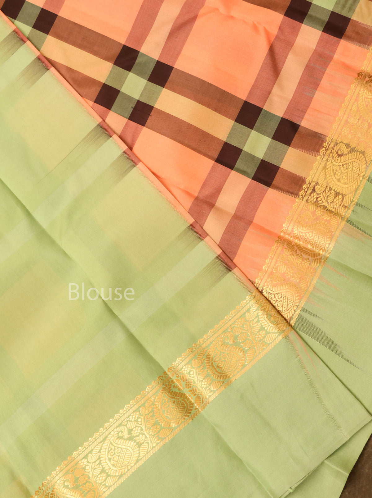 Peach With Green Kattam With Pista Green Pure Kanchivaram Silk Saree