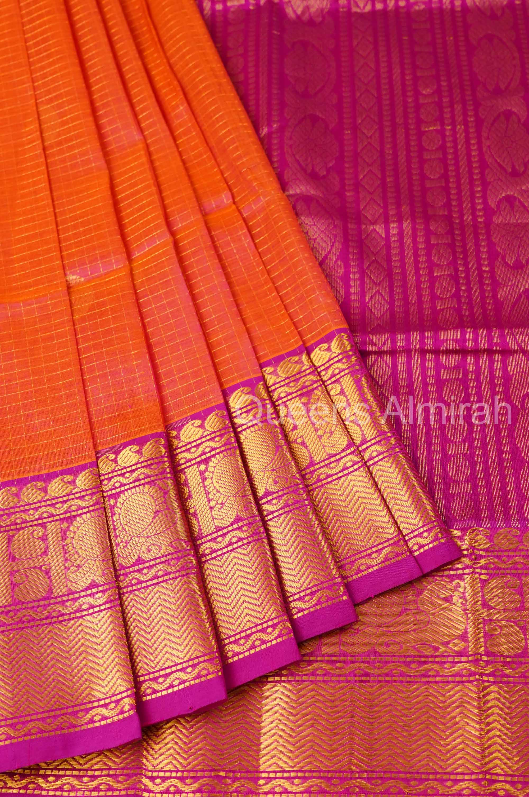 Orange With Magenta Pink Pure Silk Cotton Saree