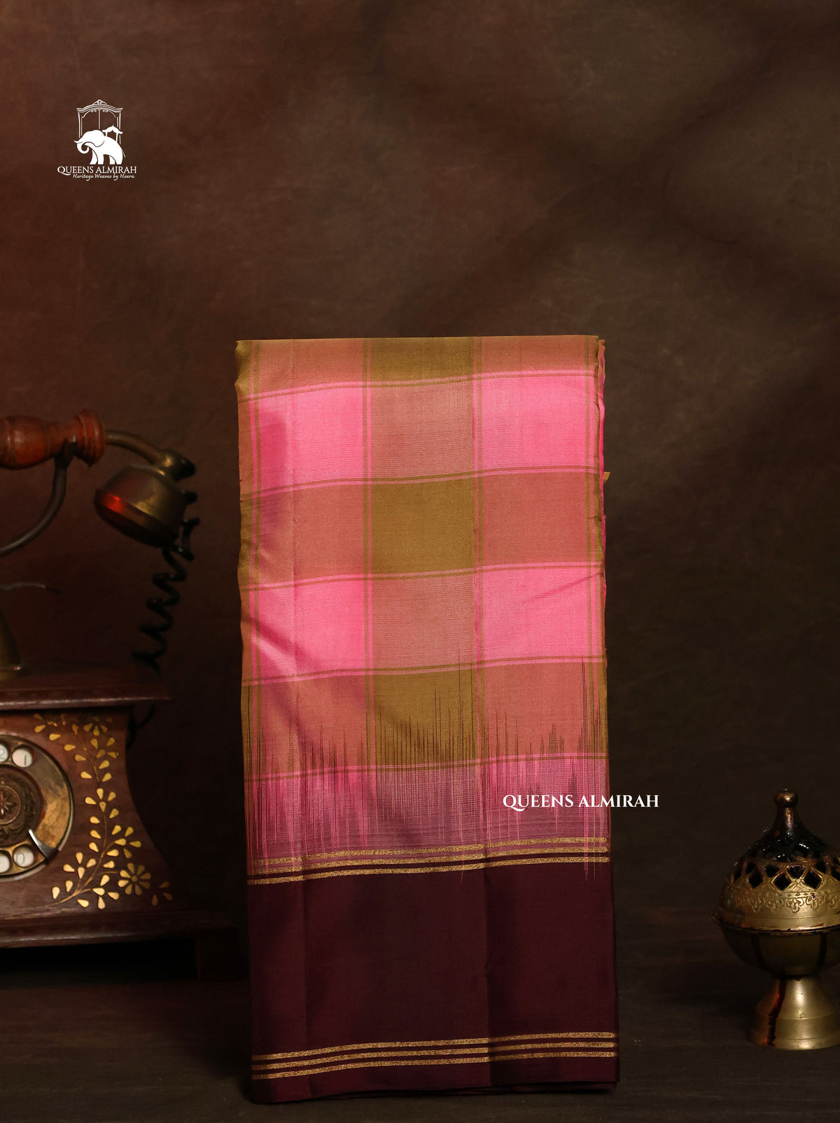 Pink And Green Kattam With Burgundy Border Pure Kanchivaram Silk Saree