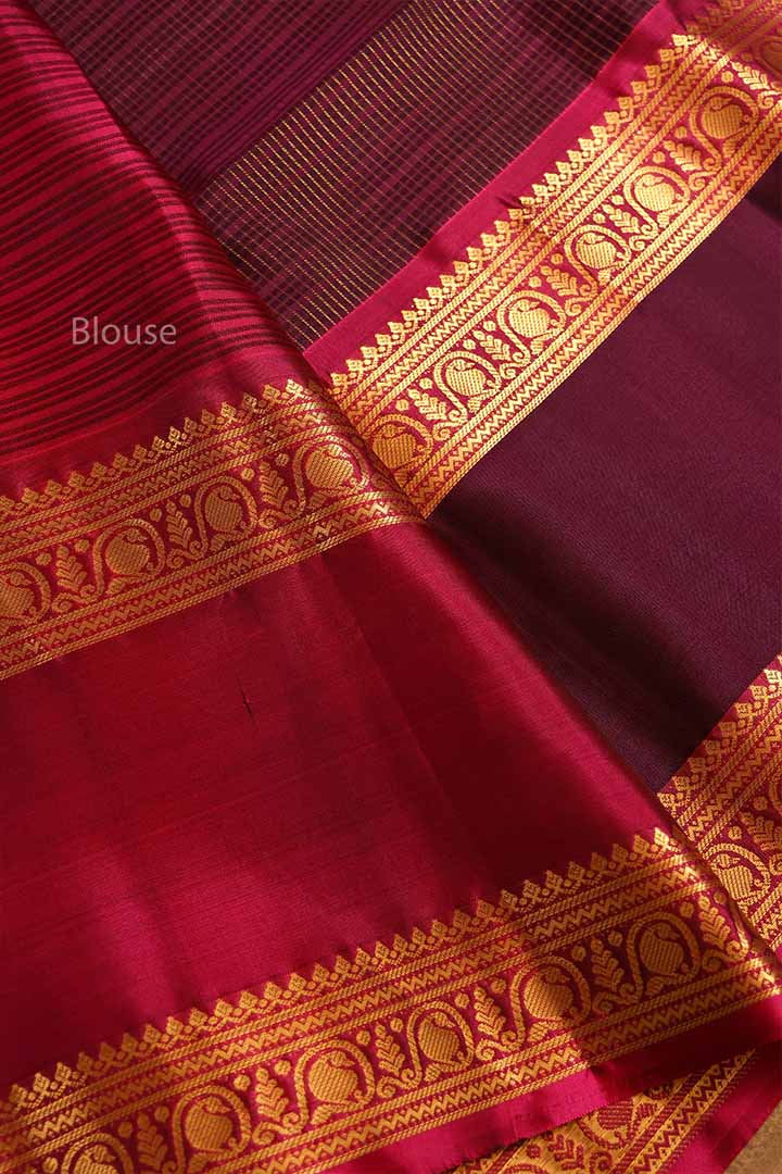 Deep Wine With Magenta Pink Rettapetta Border Payadi Pure Soft Silk Saree