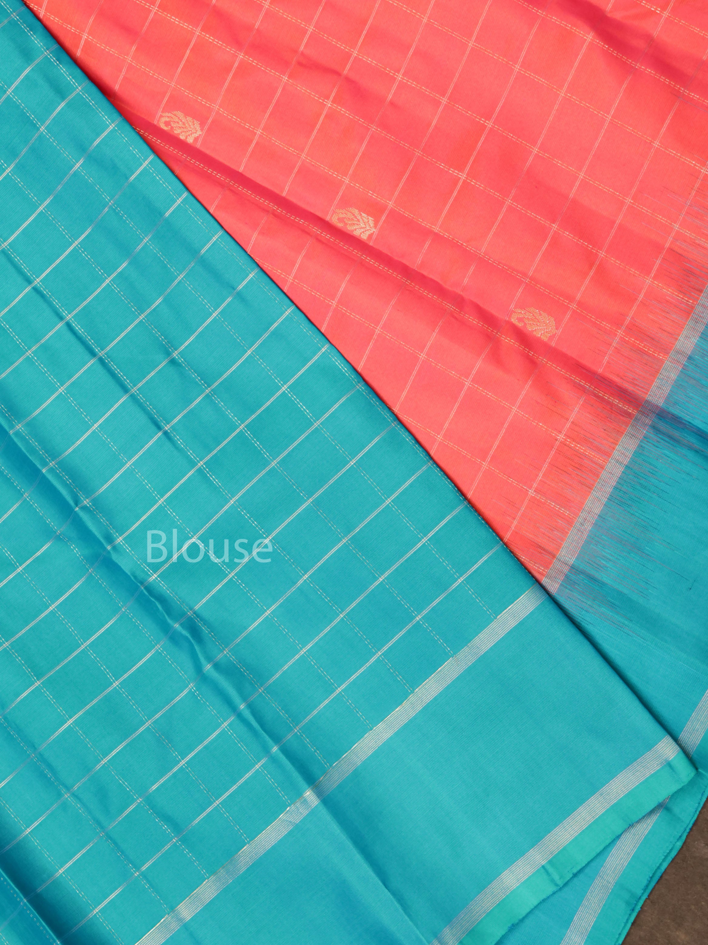 Pinkish Orange With Sky Blue Pure Kanchivaram Silk Saree