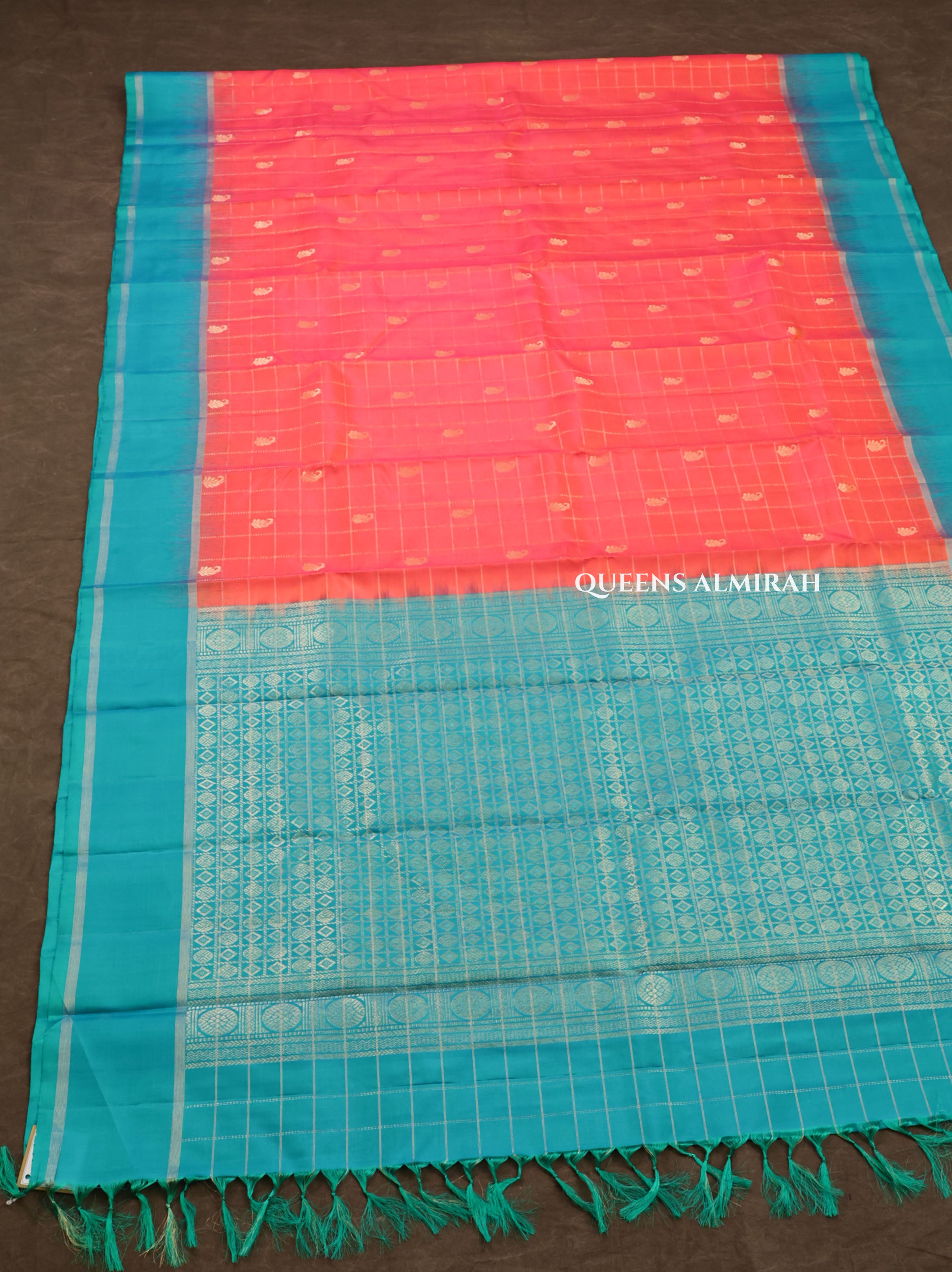 Pinkish Orange With Sky Blue Pure Kanchivaram Silk Saree