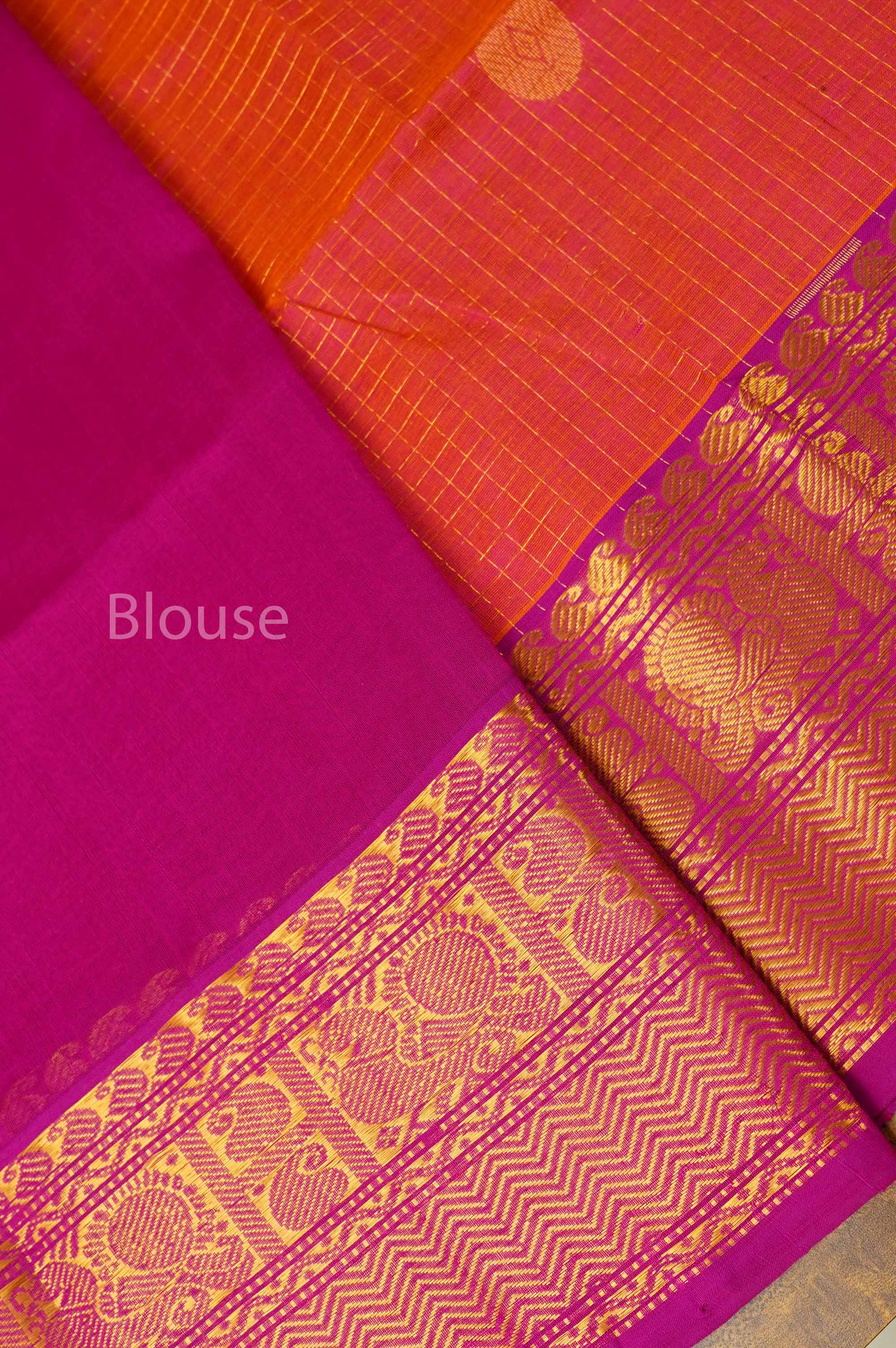 Orange With Magenta Pink Pure Silk Cotton Saree