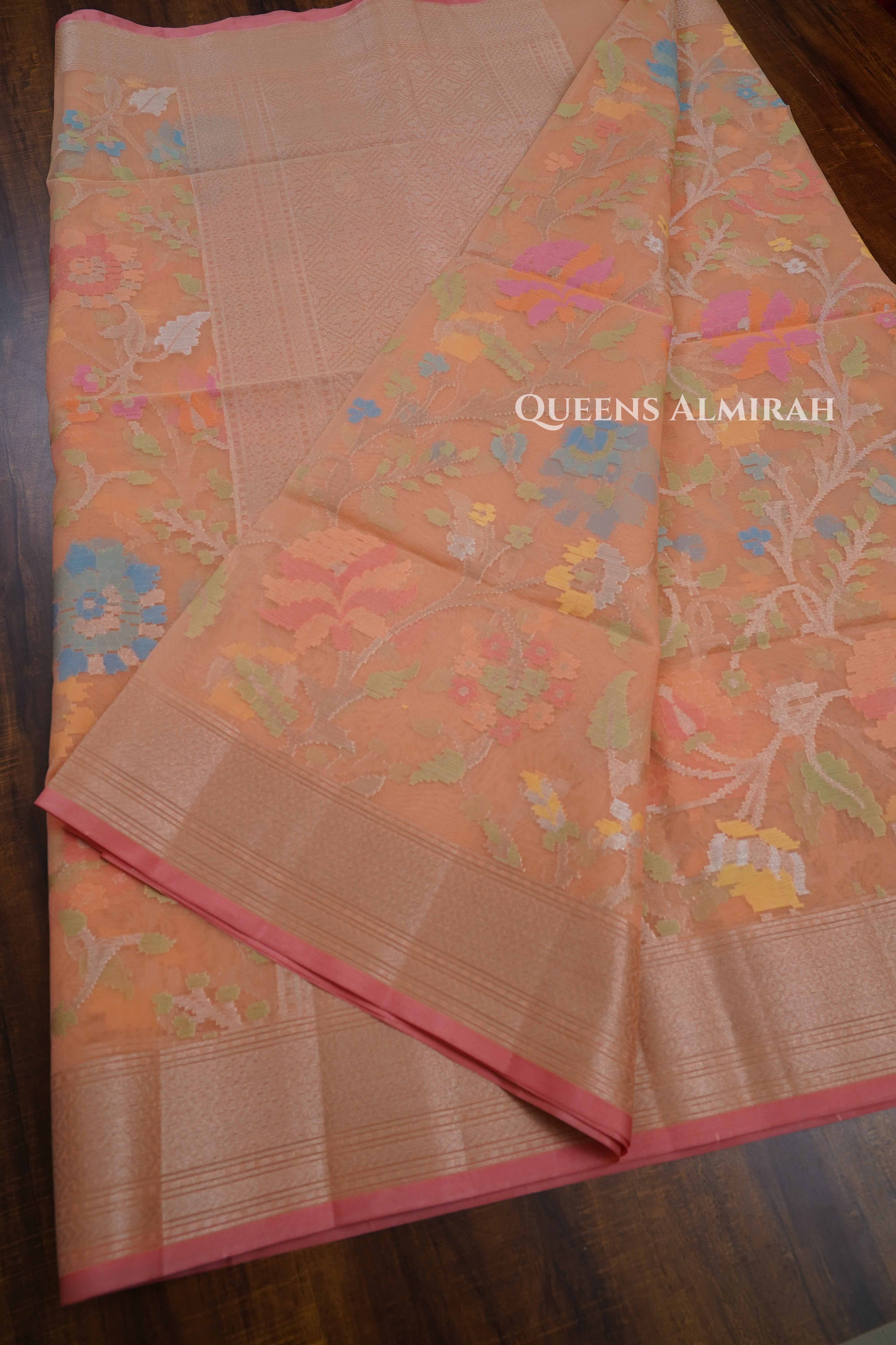 Peachish Orange Banarasi Organza Saree