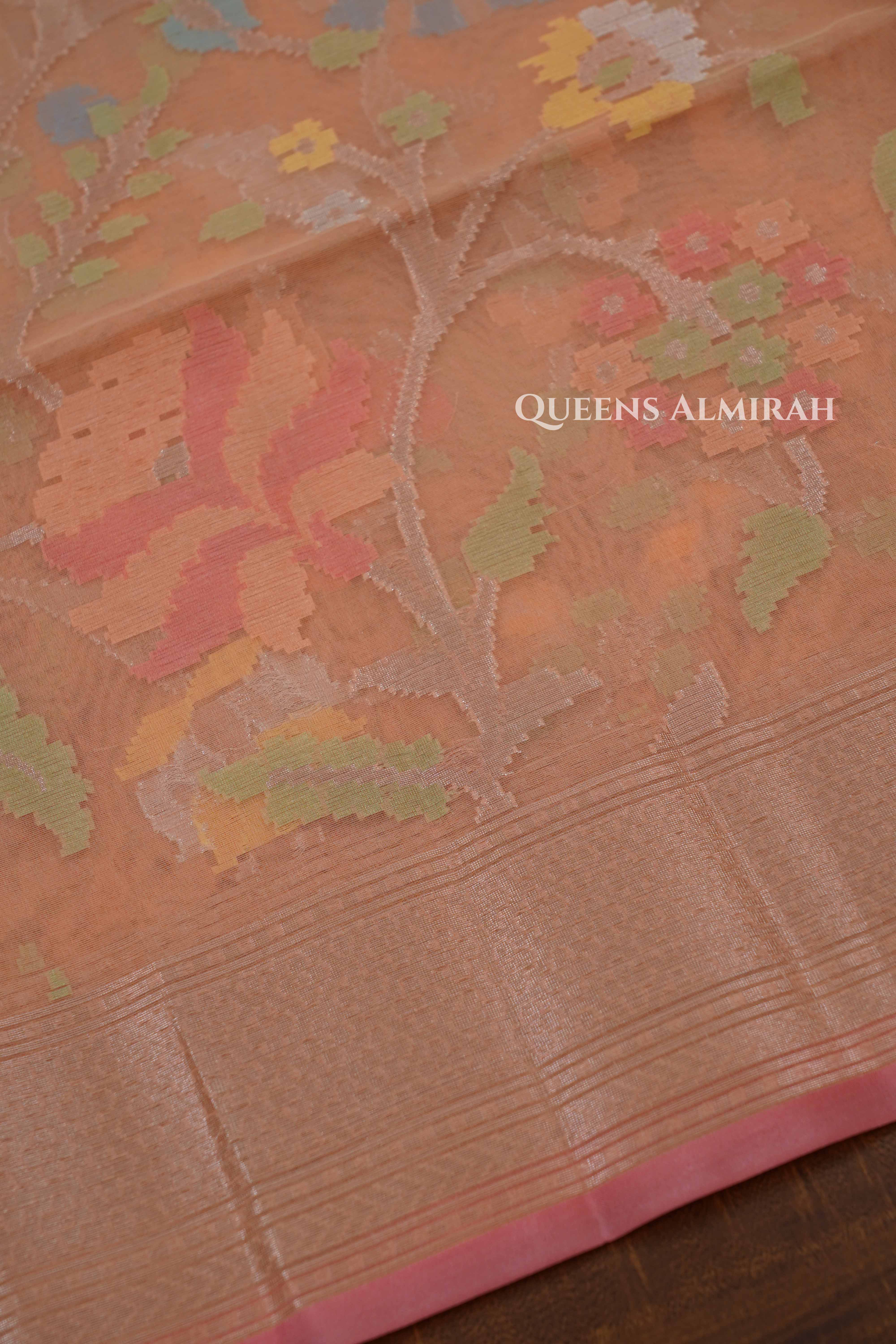 Peachish Orange Banarasi Organza Saree